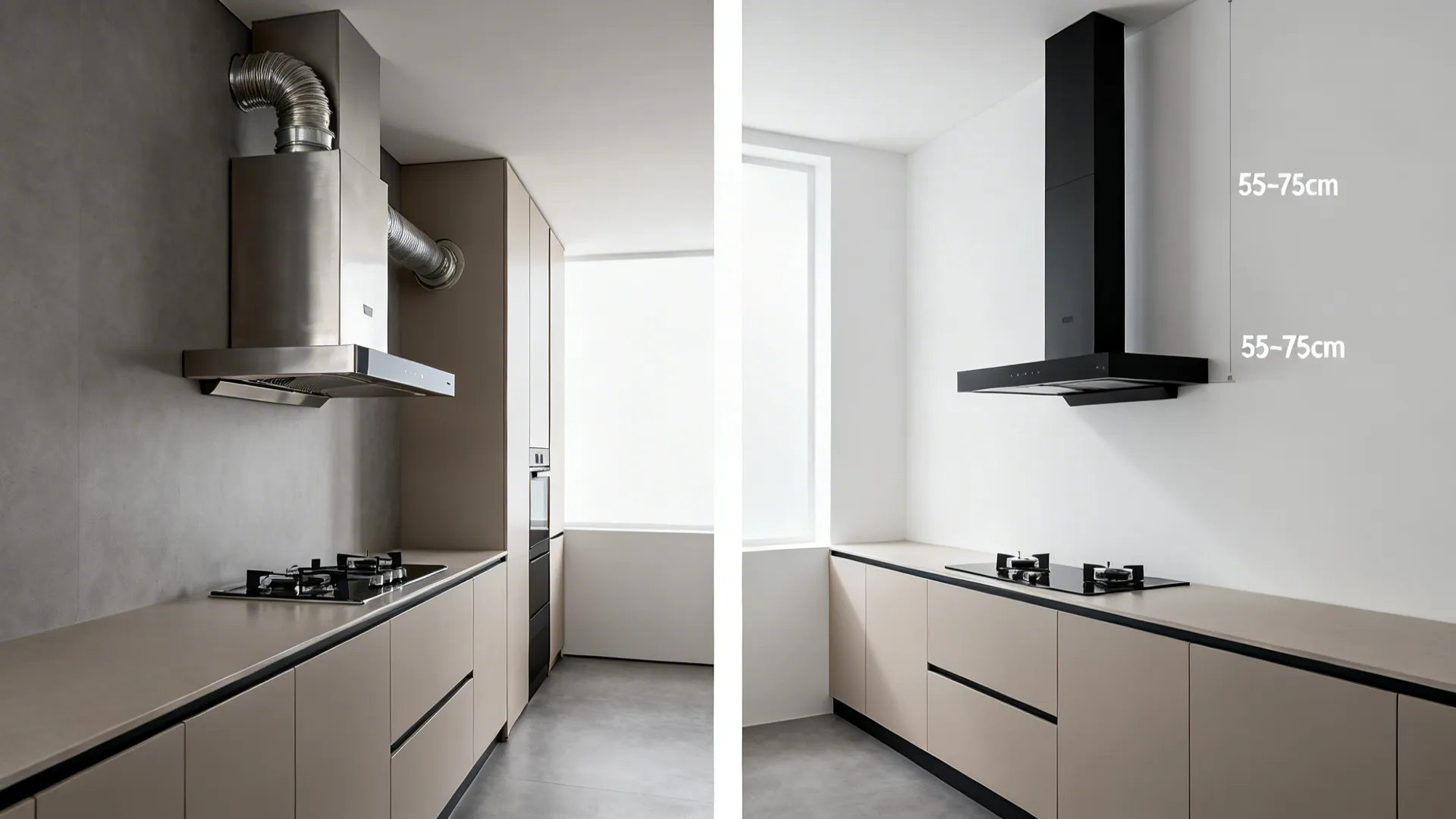 Before-and-after of a galley kitchen replacing a bulky hood with a slim wall-mounted chimney at correct height.