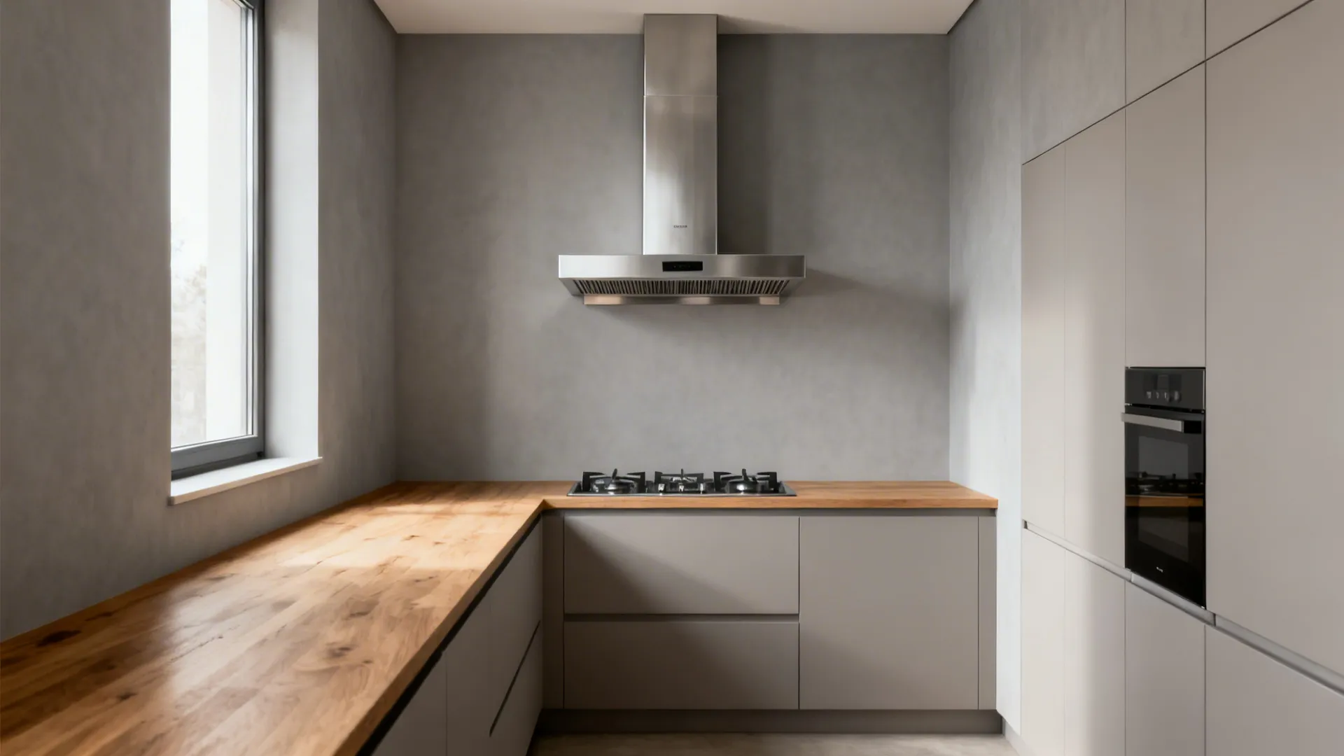 Slim wall-mounted chimney centered over a compact cooktop in a narrow galley kitchen.