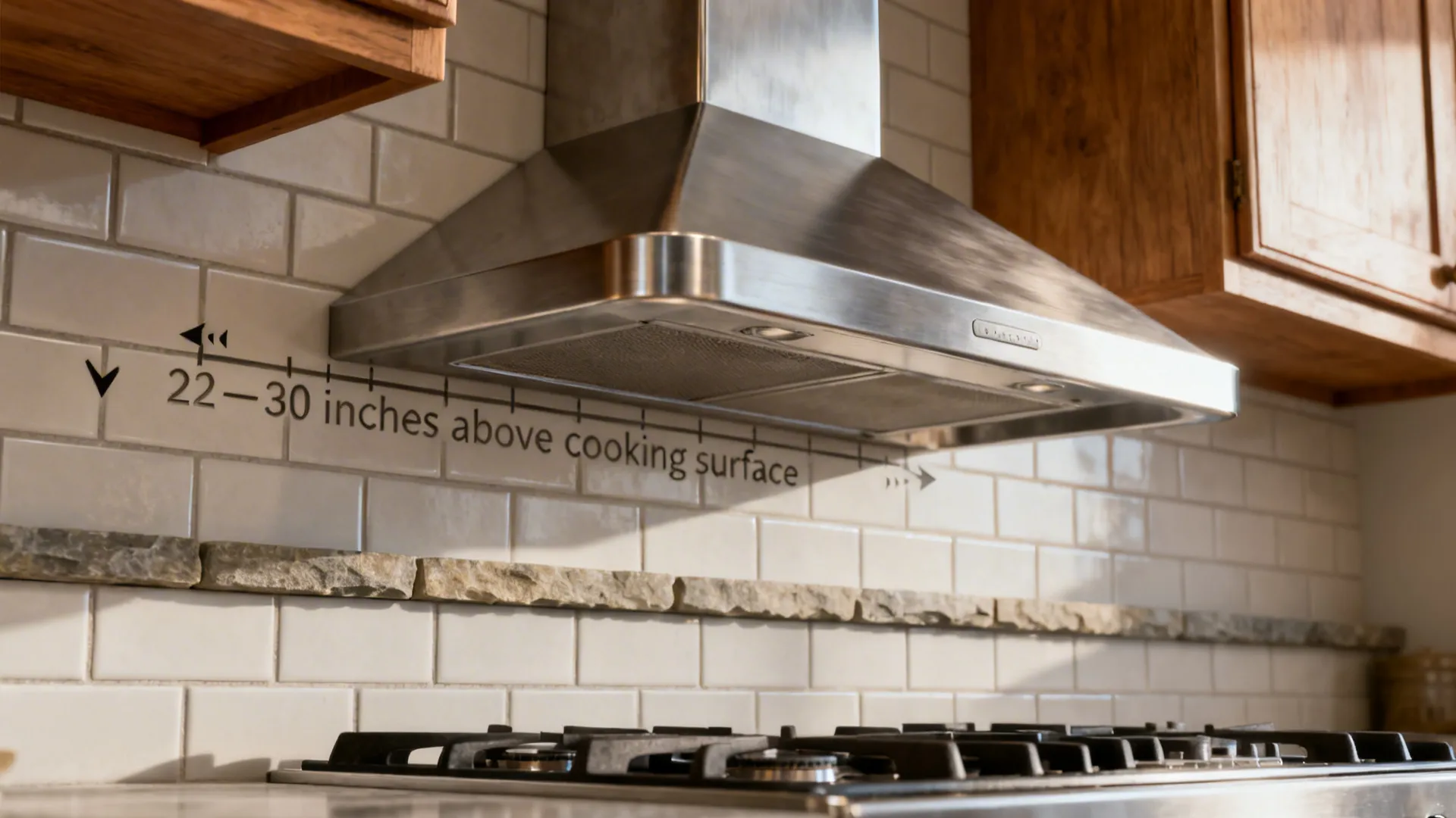 Close-up of a stainless wall hood showing proper clearance above a gas cooktop.
