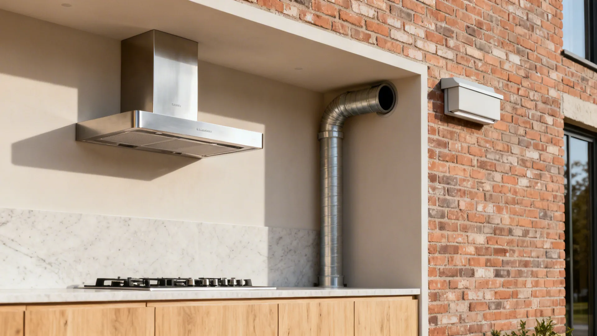 Slim wall-mount stainless hood vents straight through an exterior wall above a compact cooktop.