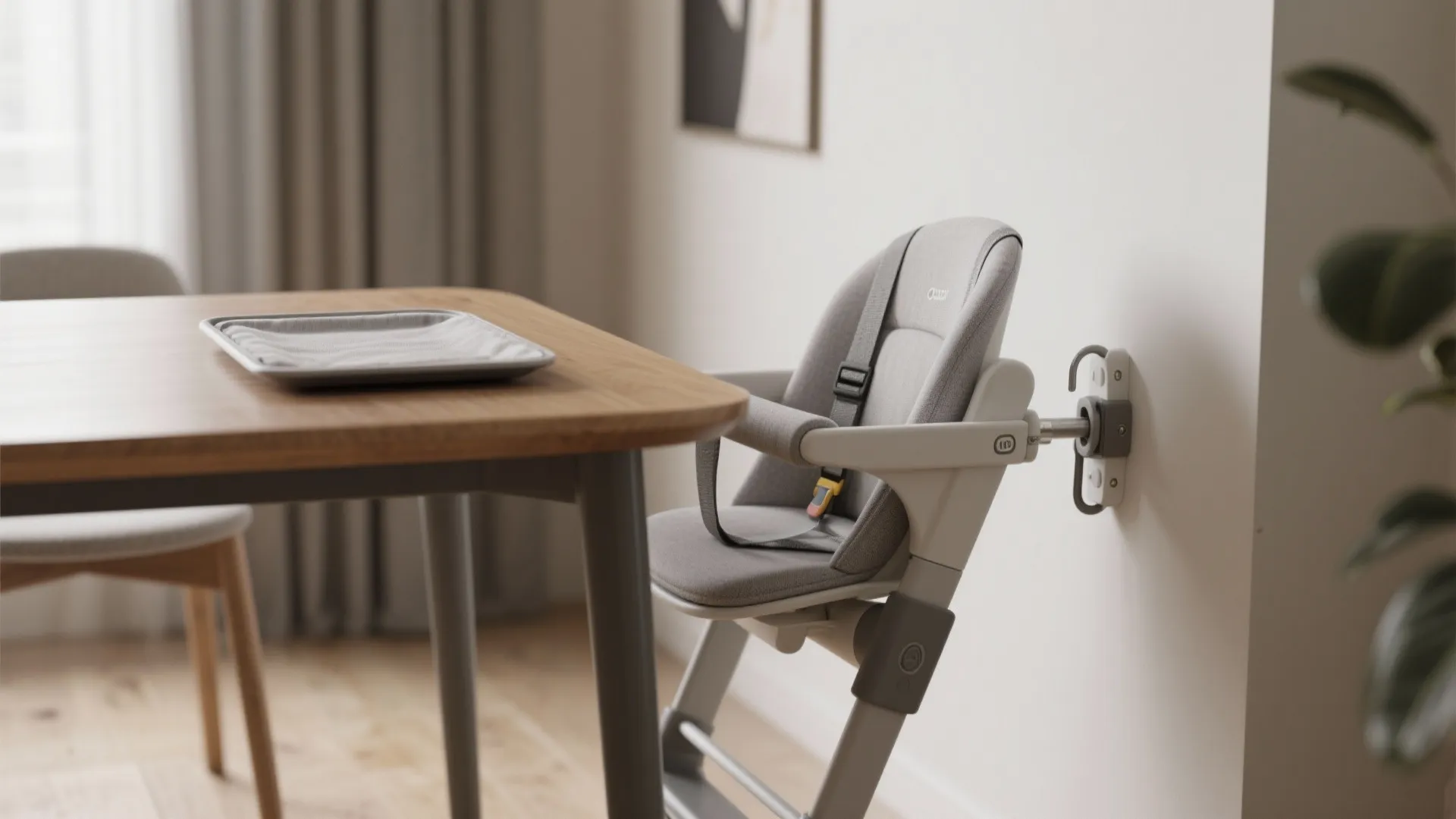 Grey baby high chair attached to a white wall next to a wooden dining table