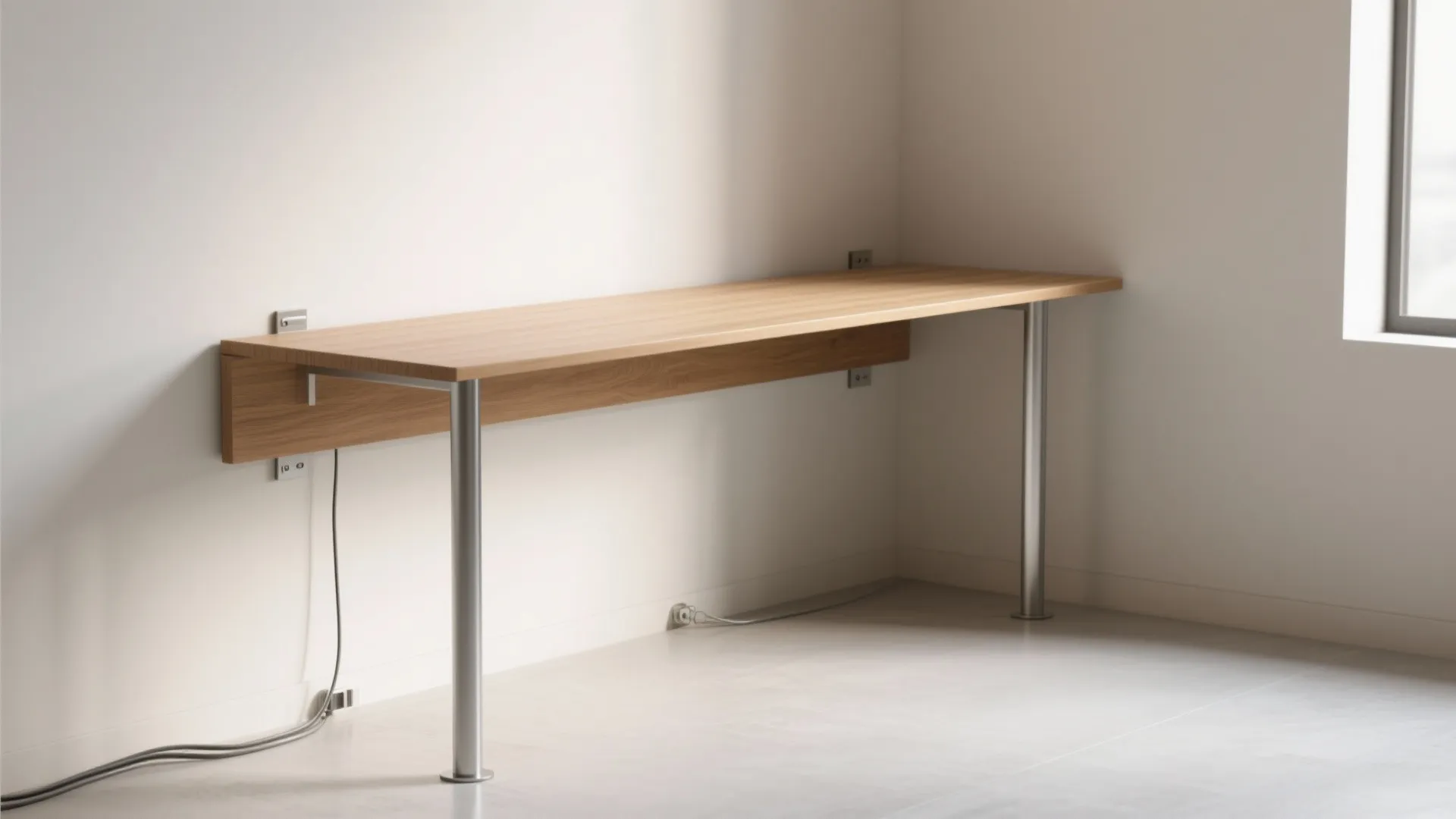 Minimal wall-hugging L-shaped desk made from plywood, floating along two walls with tidy cable management.