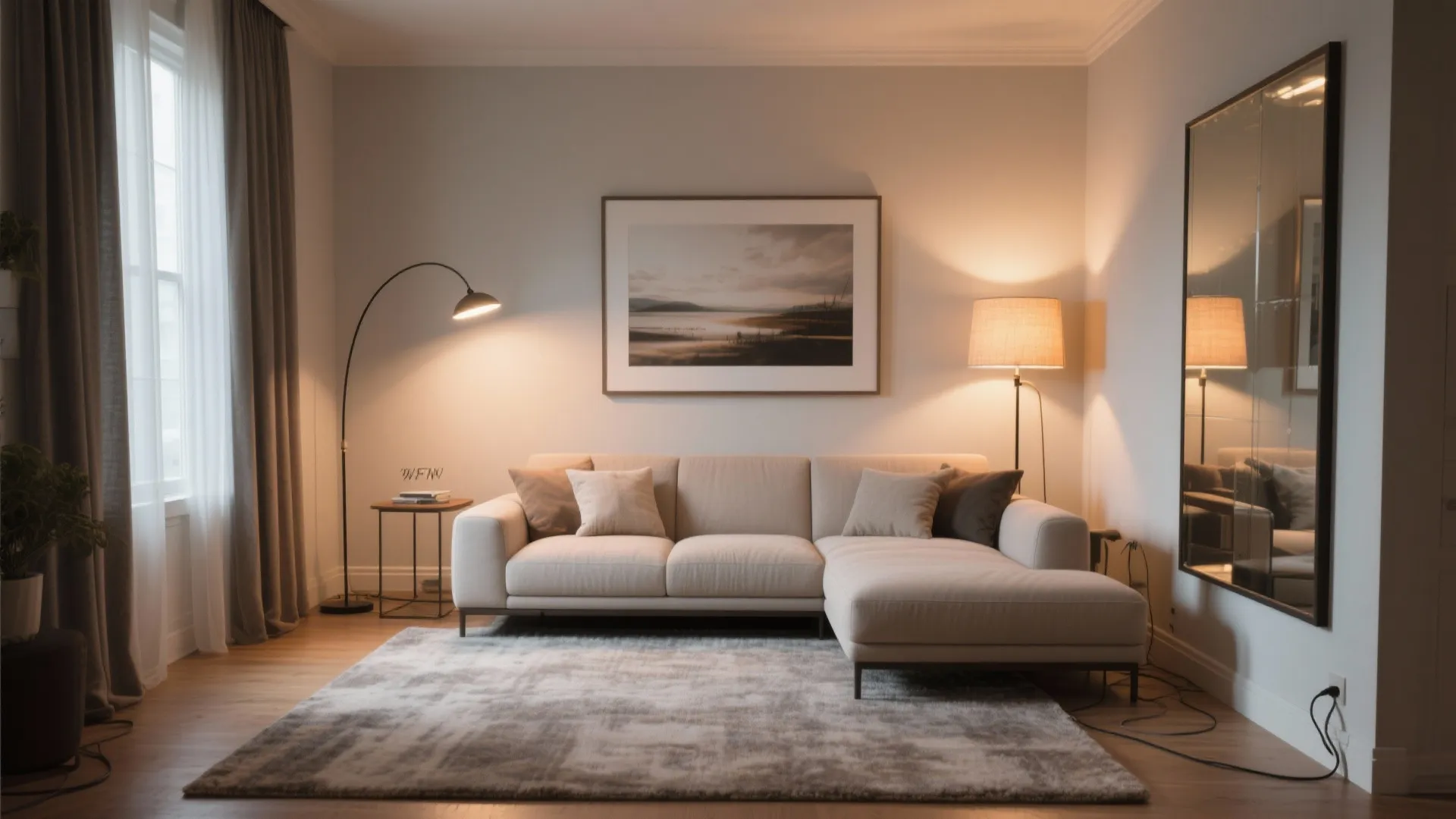 Modern living room with beige sofa and floor lamp plus warm light from wall lights