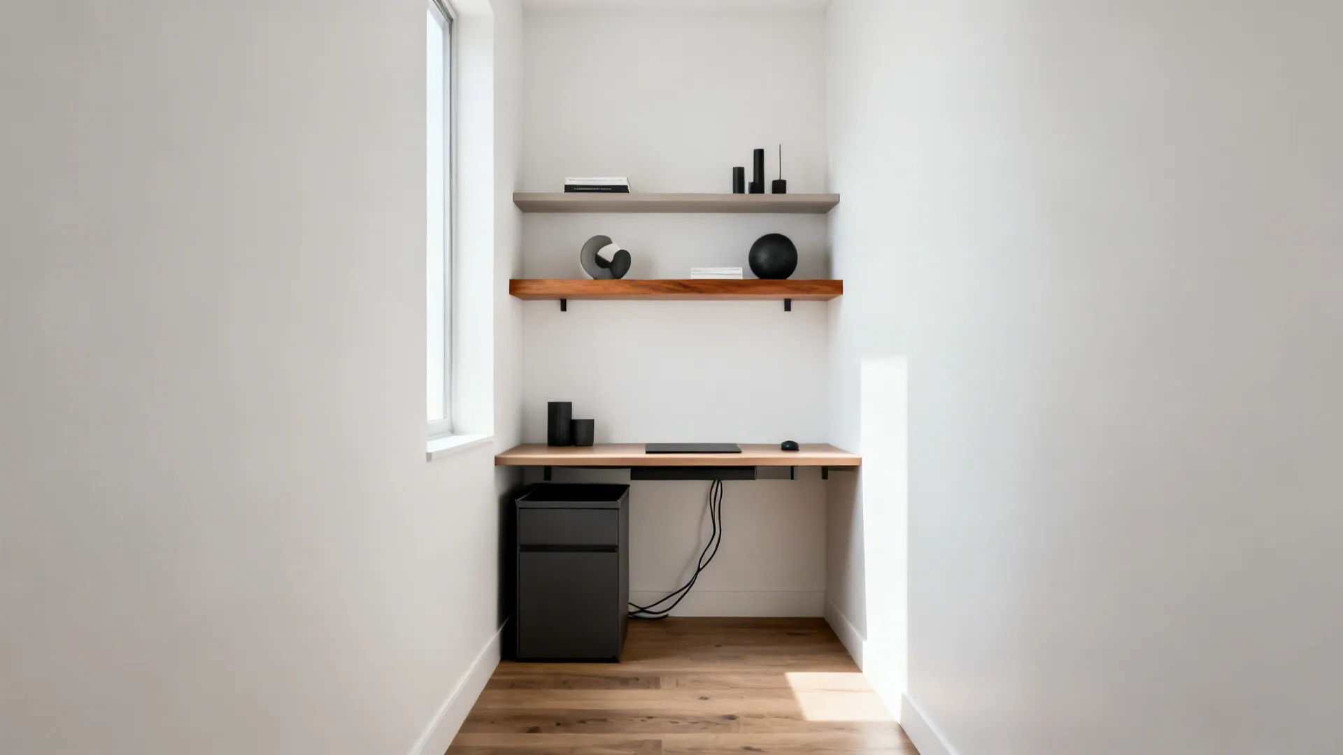 Minimal shallow wall shelves and a warm oak ledge above a compact desk in a small office.