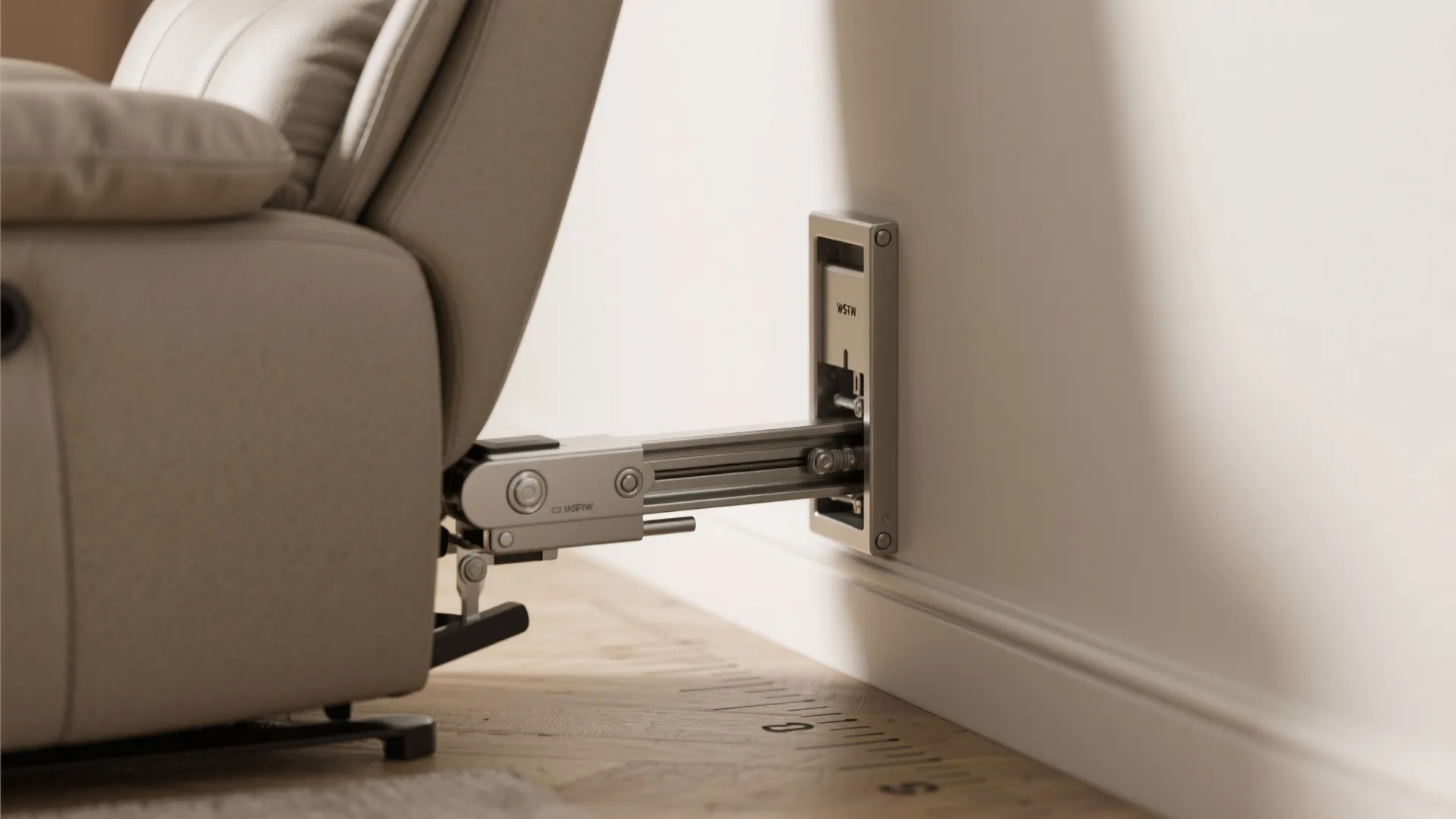 Metal reclining sofa mechanism connected to a wall track inside a modern home interior design
