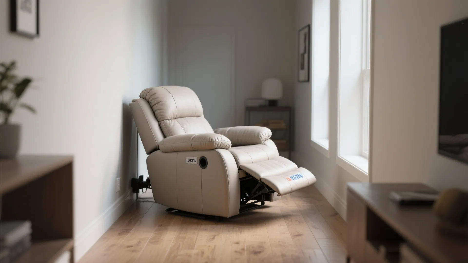 Beige leather recliner chair positioned close to the wall in a bright room with windows