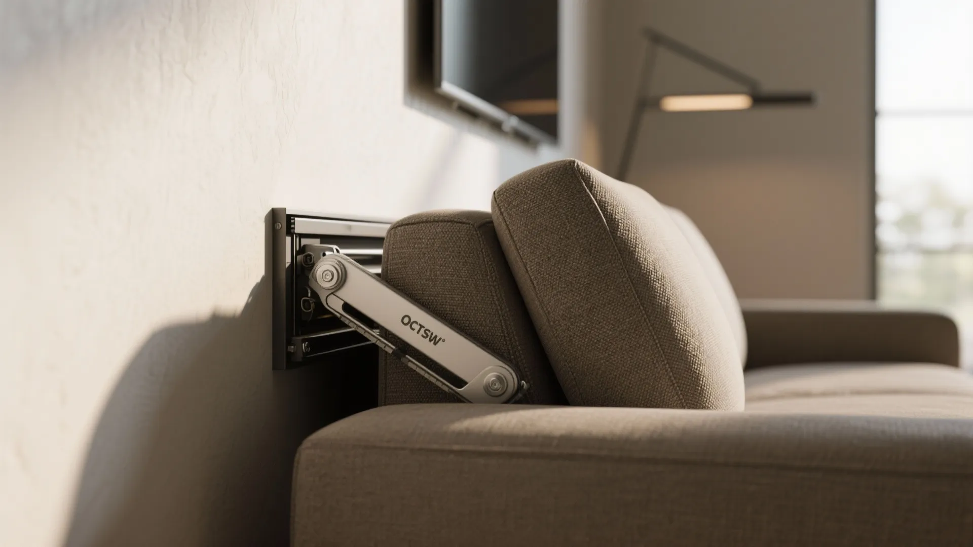 Close up showing a metal wall mount mechanism attached to the back of a beige sofa
