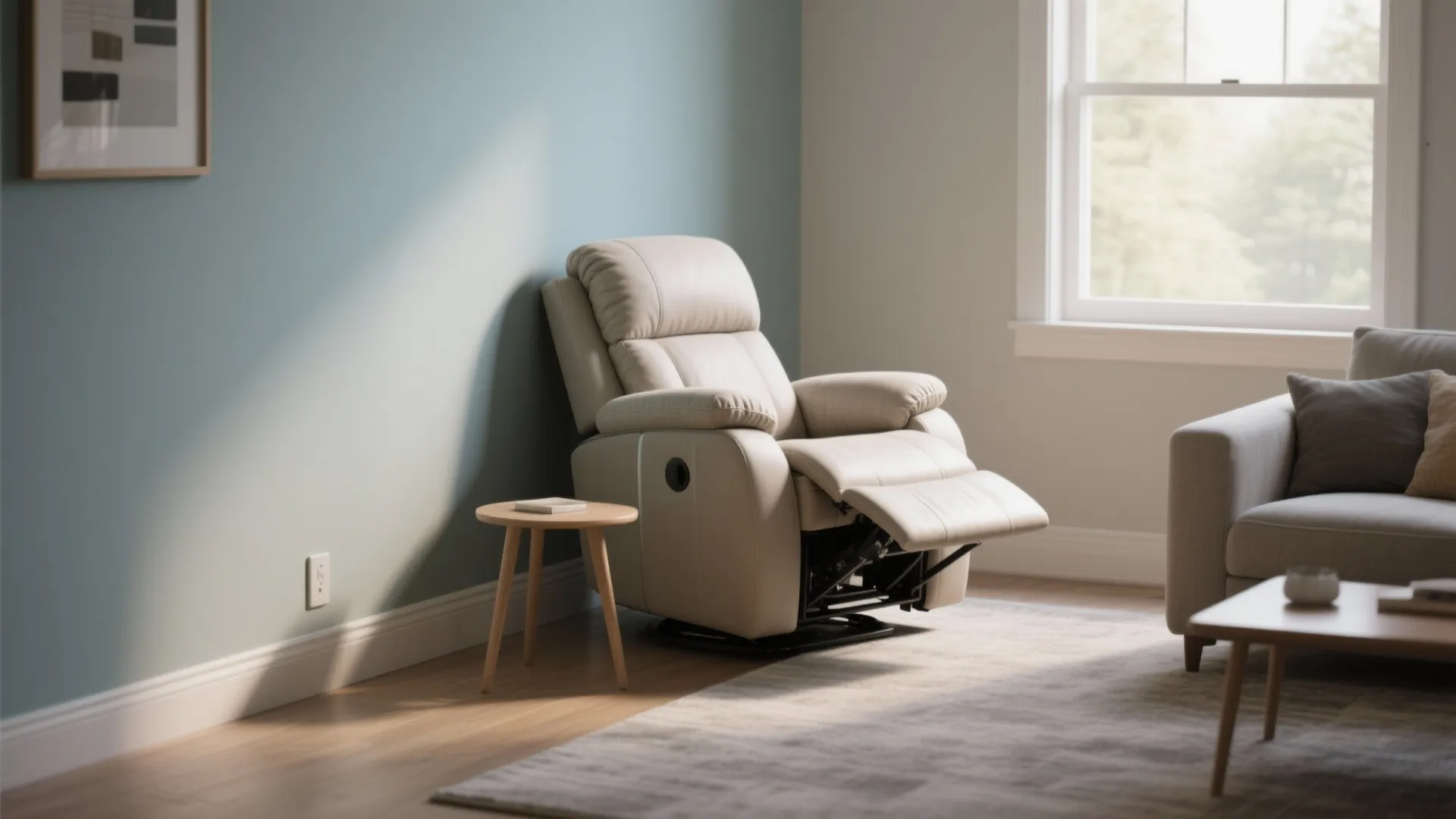 Beige leather recliner chair against blue wall next to small wooden table and grey rug