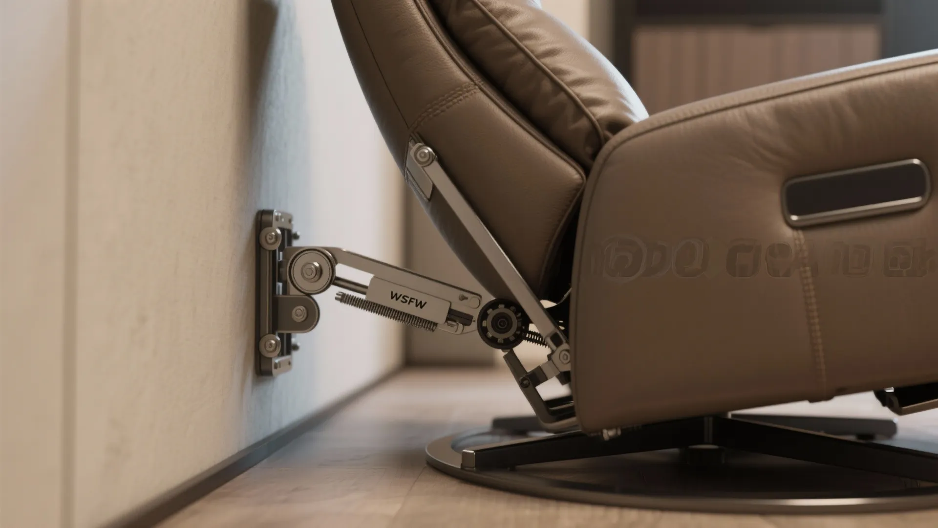 Close-up of a wall-hugger recliner mechanism showing minimal clearance and realistic metal details.