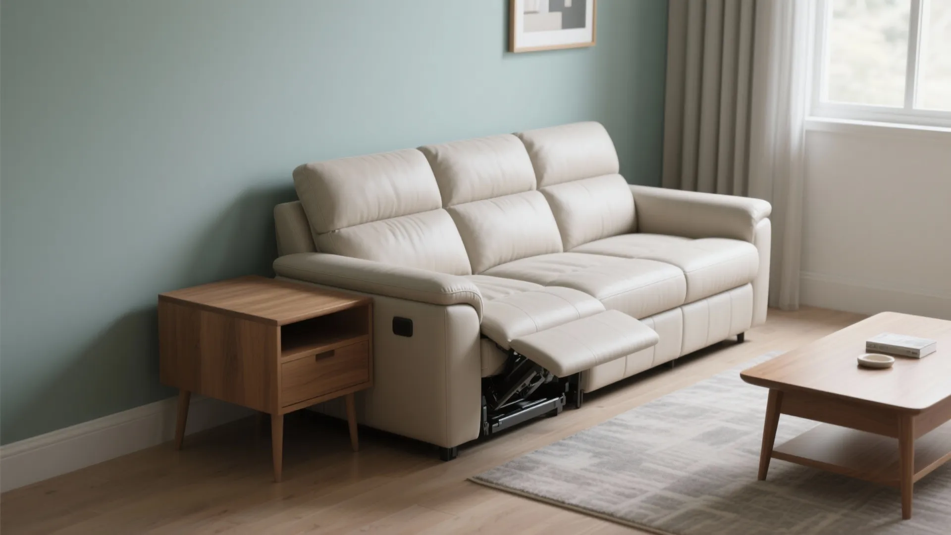 Cream leather reclining sofa against green wall next to wooden side table and coffee table