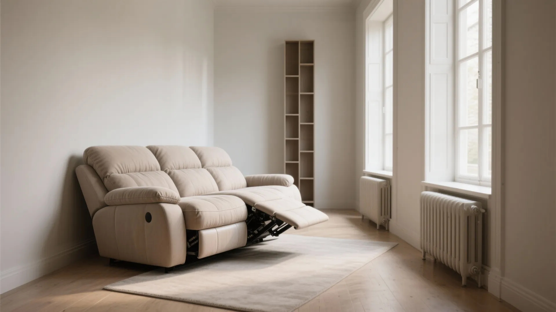 Beige reclining sofa in a white room with tall bookshelf wood floor and natural light