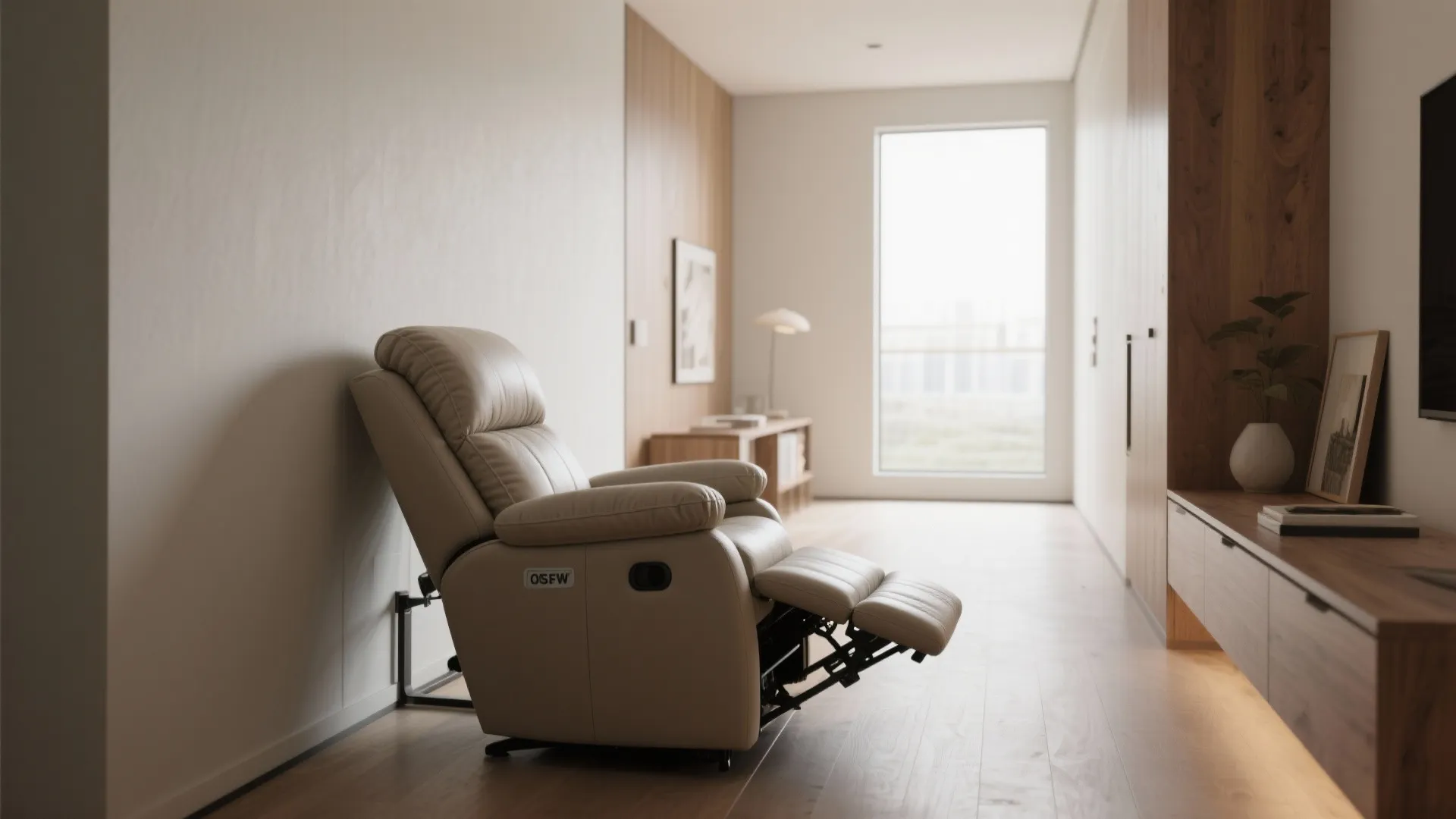 Beige recliner sofa in a bright living room next to a wall with wood panels
