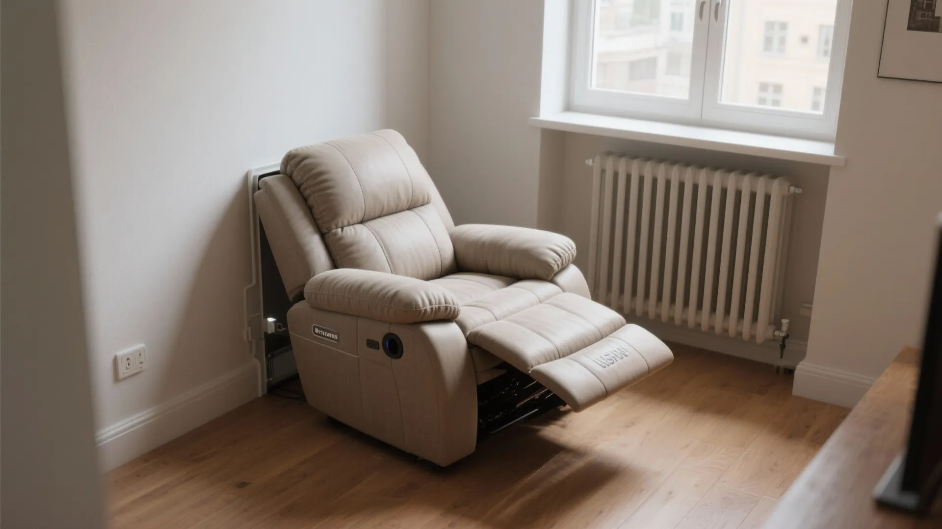 Beige leather recliner chair placed in room with white walls wood floor window and radiator