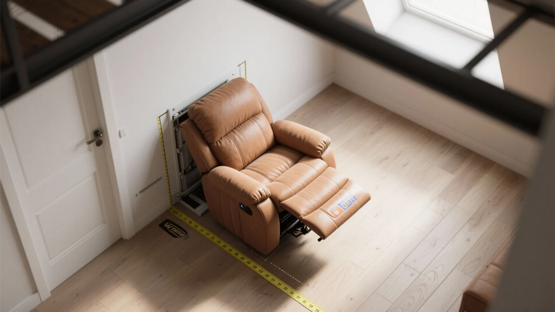 Brown leather recliner sofa placed near a white wall with yellow measuring tape on floor