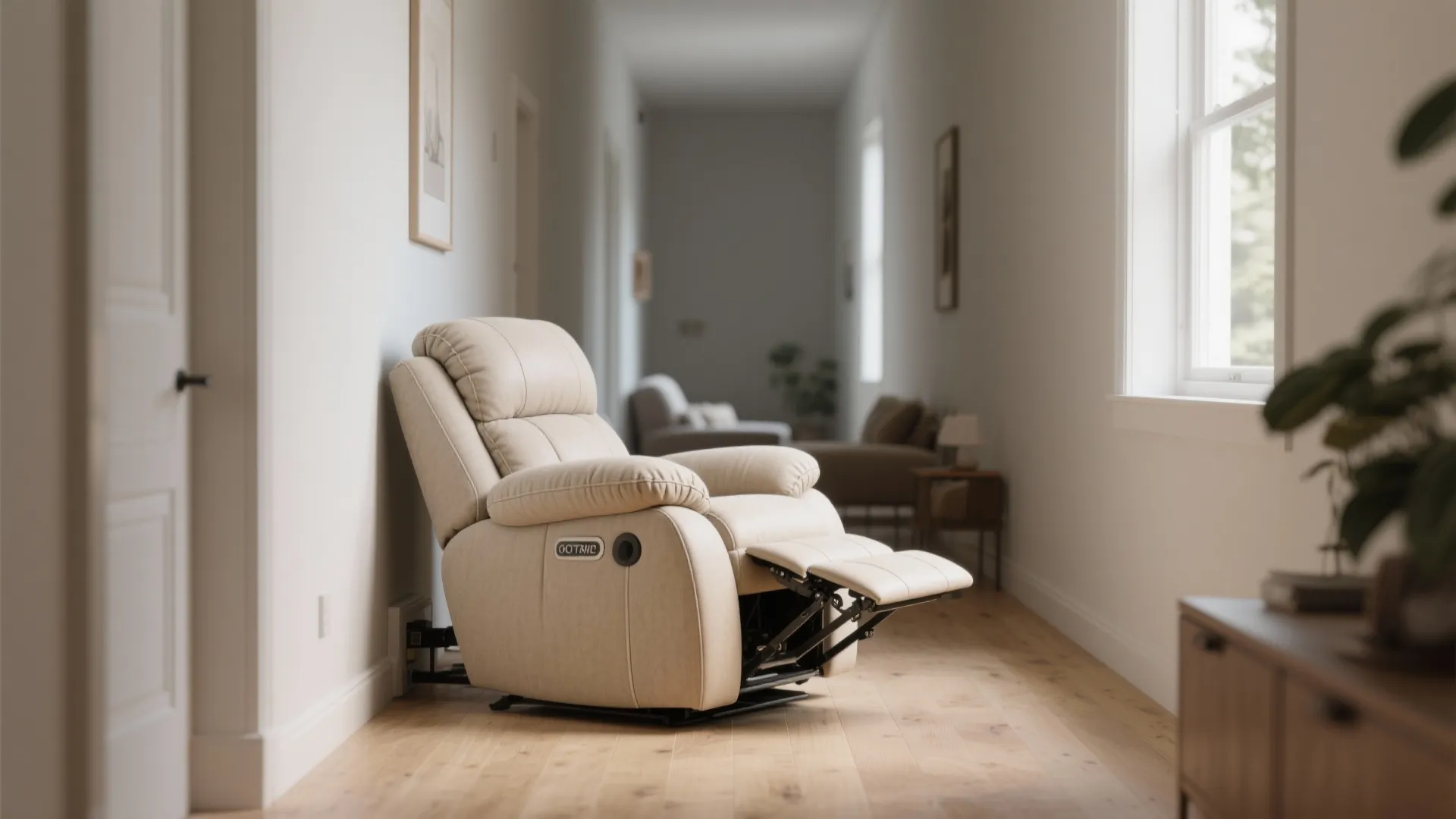 Comfortable reclining chair positioned close to a white wall in a bright home hallway interior