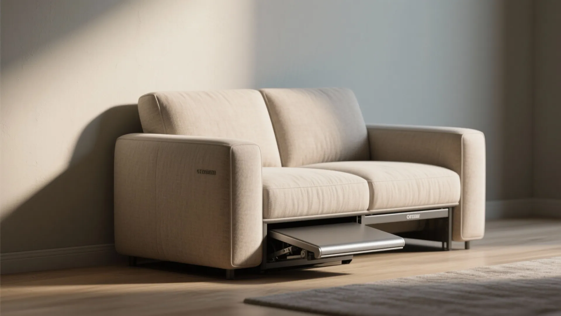 Beige fabric sofa showing a metal footrest mechanism extending out in a simple home setting