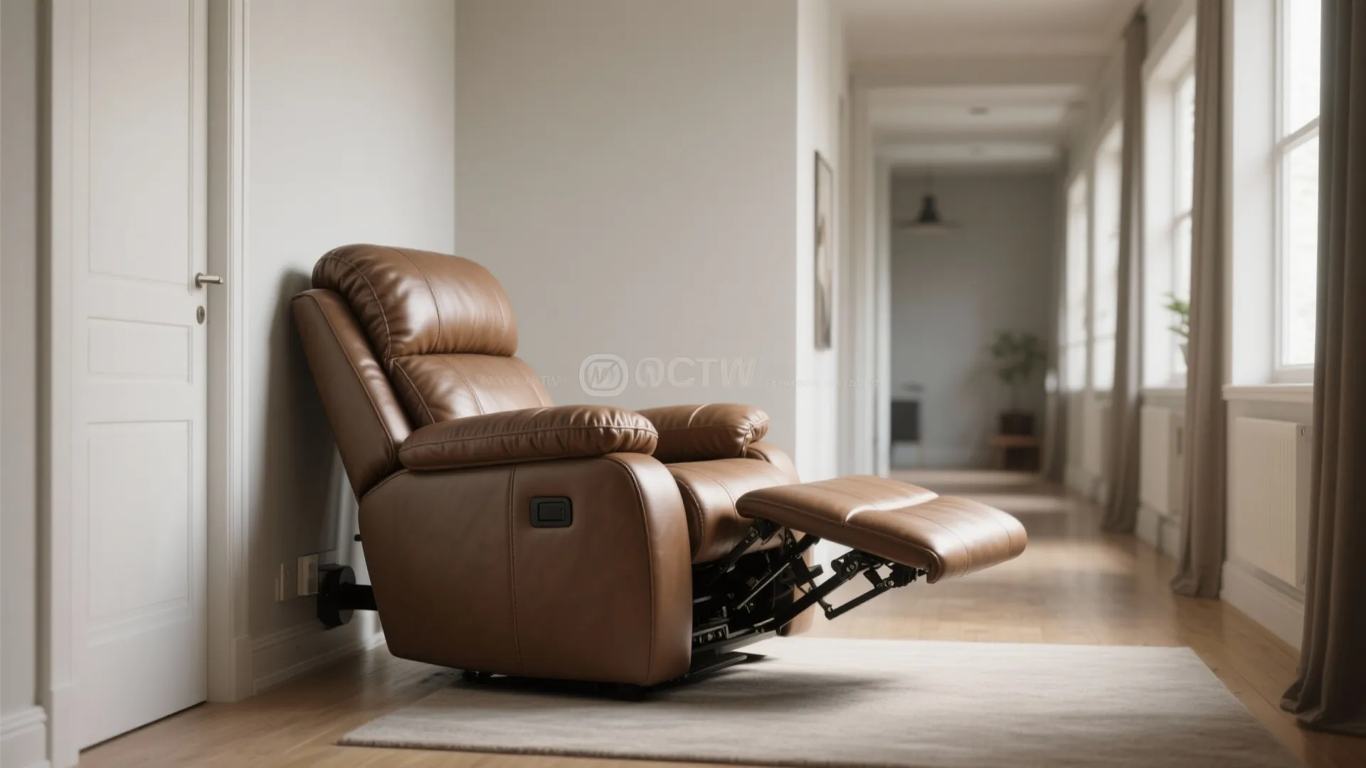 Wall-hugger leather recliner in a narrow apartment showing compact recline with minimal wall clearance.