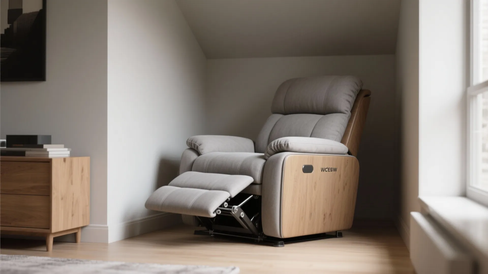 Modern grey reclining sofa with wooden side panels placed in a minimalist room near window