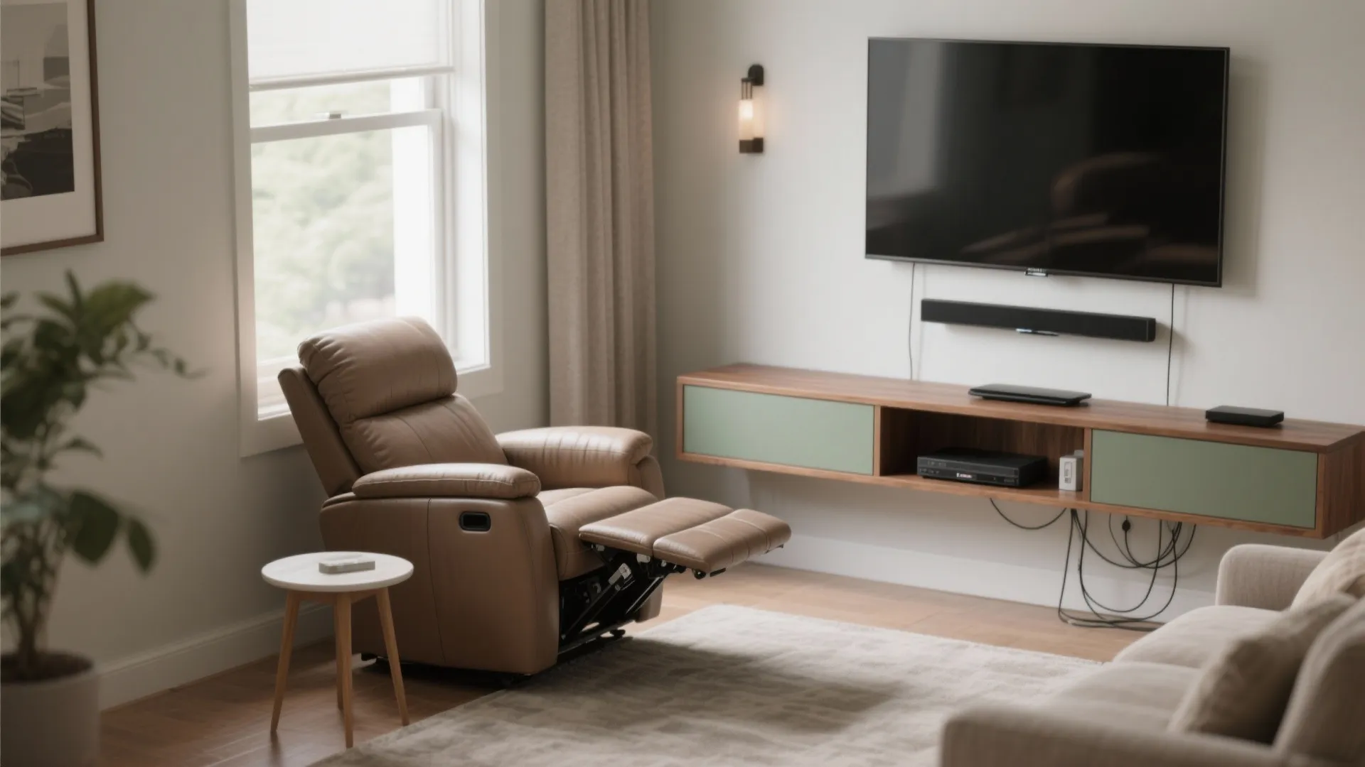 Slim-profile wall-hugger small recliner for living room, close to the wall with a low console behind.