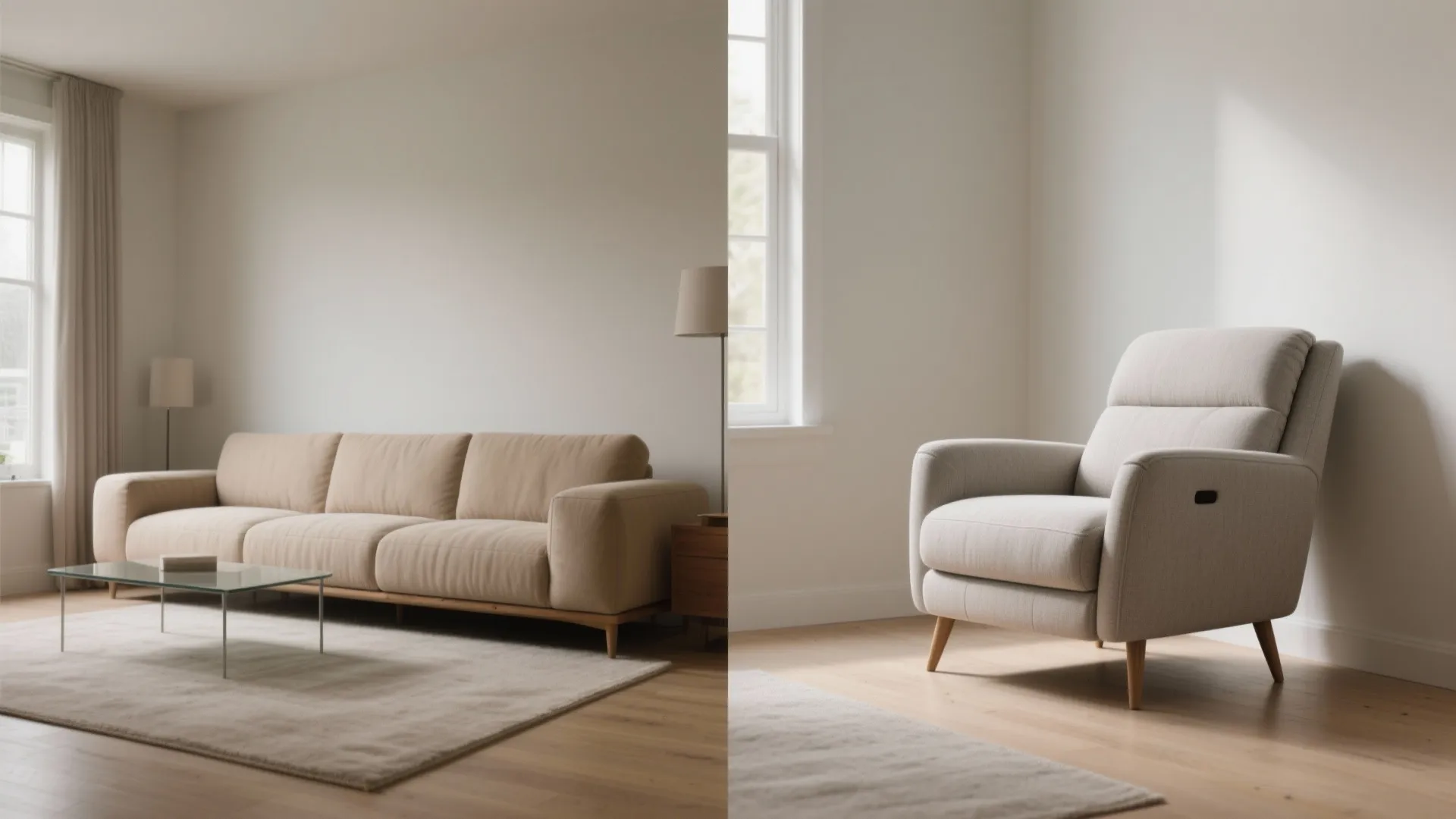 Comparison showing a long beige sofa on one side and a grey reclining armchair another