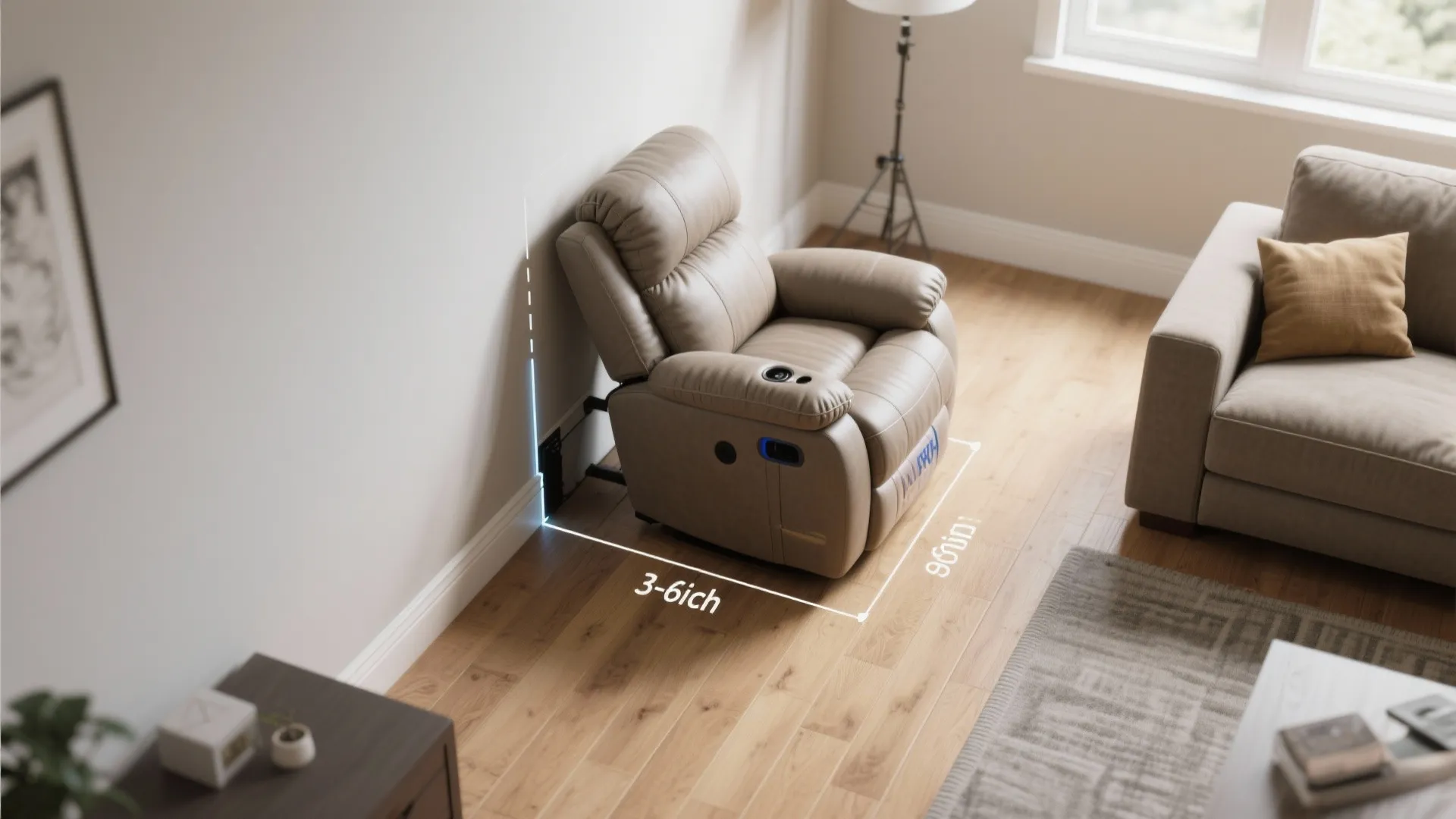 Top-down view of a wall-hugger power recliner placed close to a wall in a small studio, showing minimal clearance and reclaimed walkway.