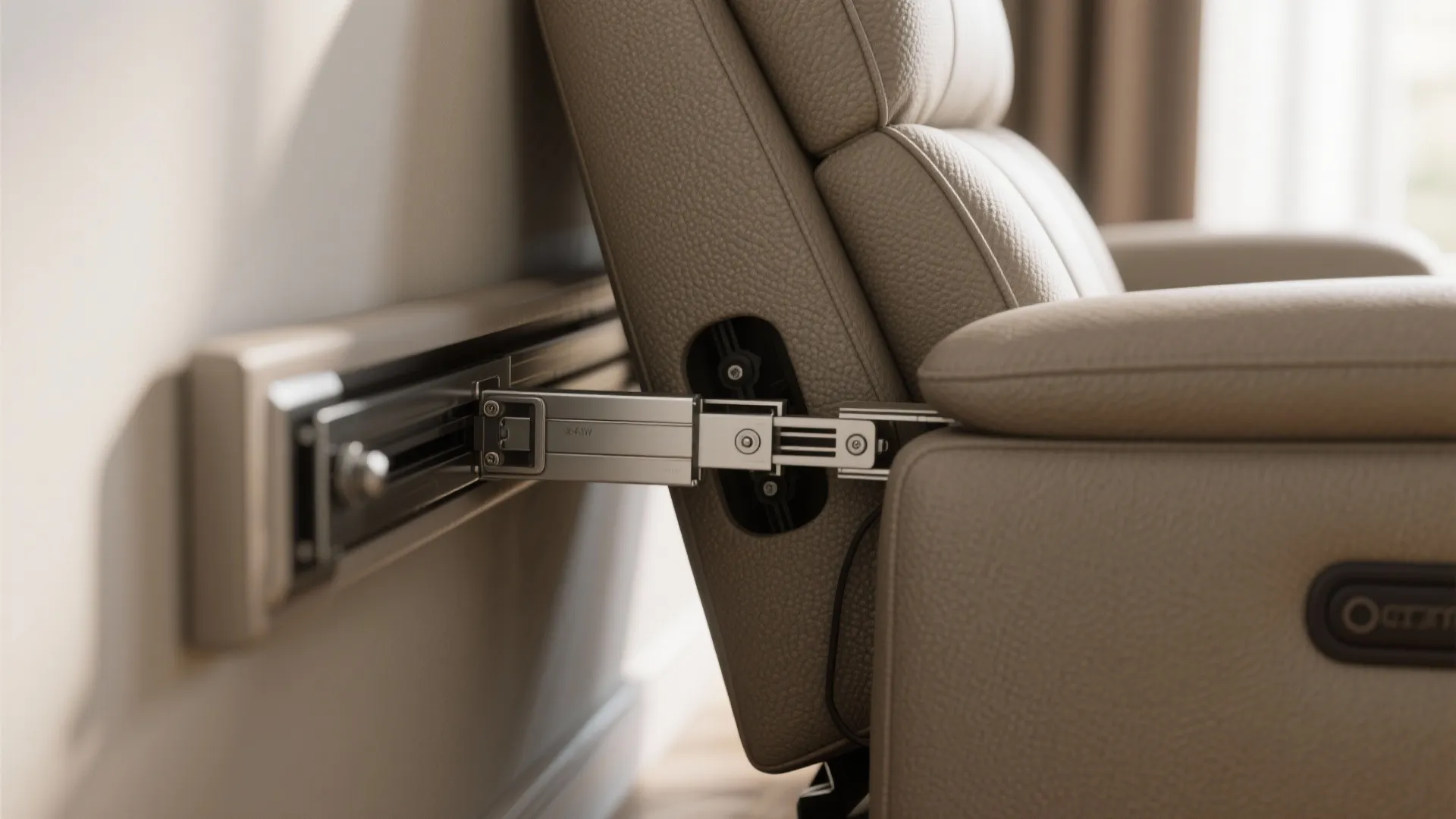 Close up view of metal sliding track mechanism connecting a leather reclining chair to wall