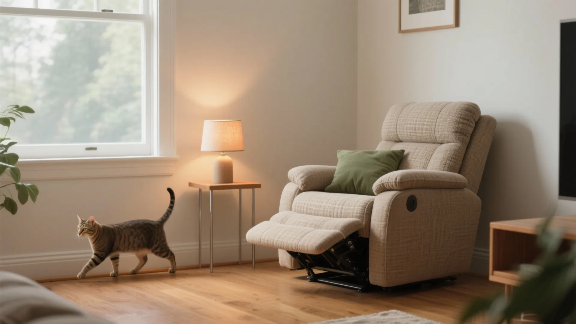 Tabby cat walks across wooden floor past a beige sofa chair with small side table