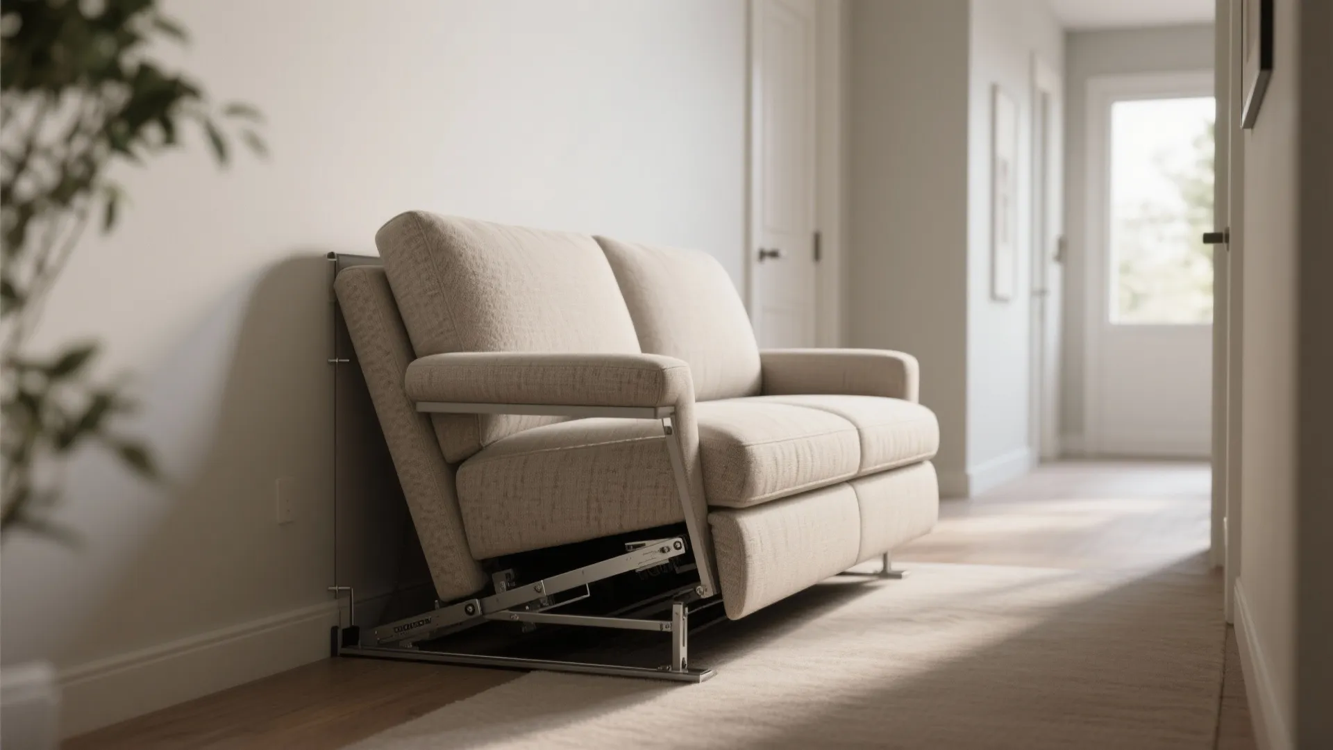 Wall-hugger reclining loveseat shown partially reclined with minimal clearance to the wall in a narrow room.