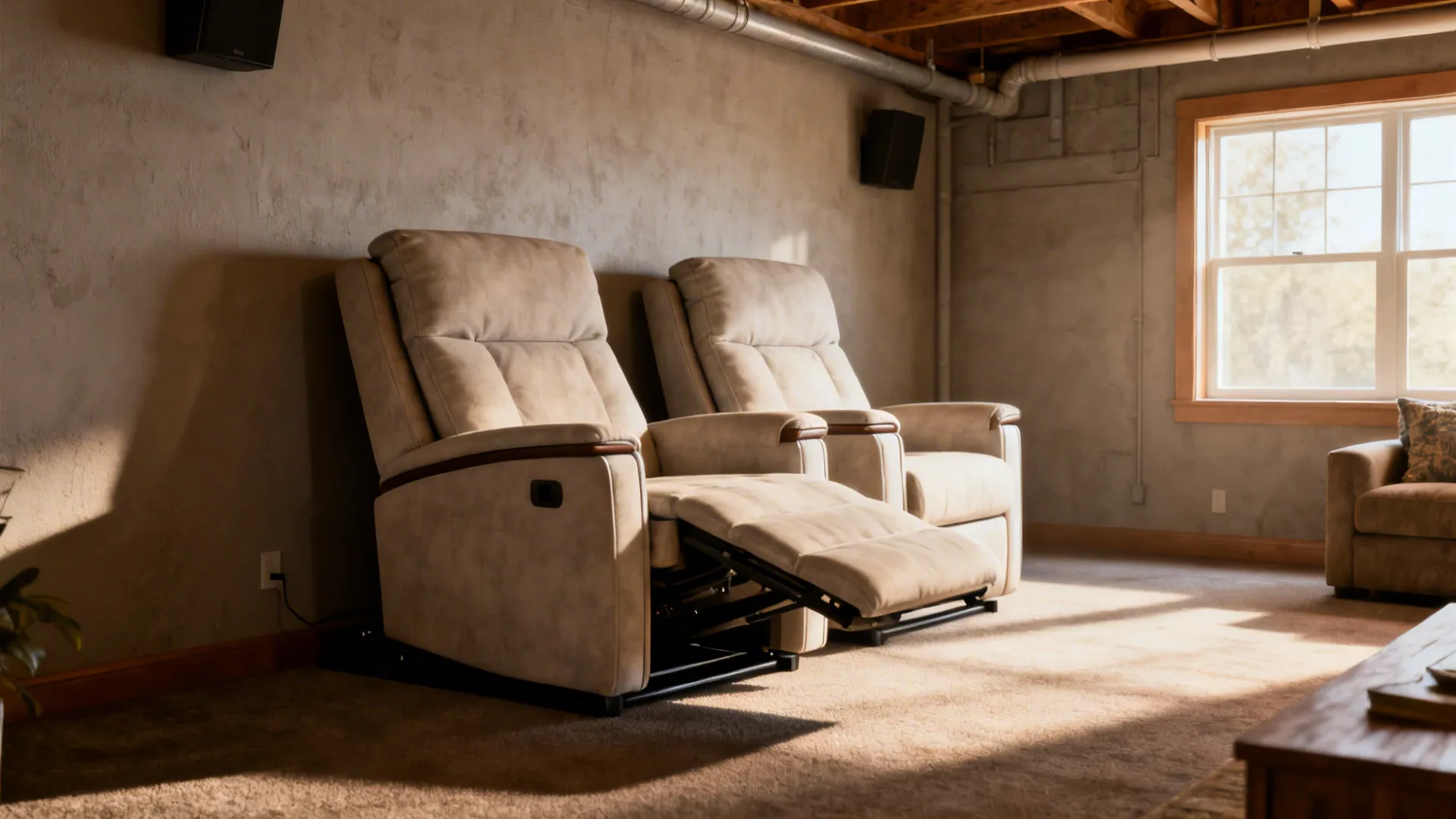 Wall-hugger recliner pair placed close to the wall in a basement living room, one recliner slightly extended.