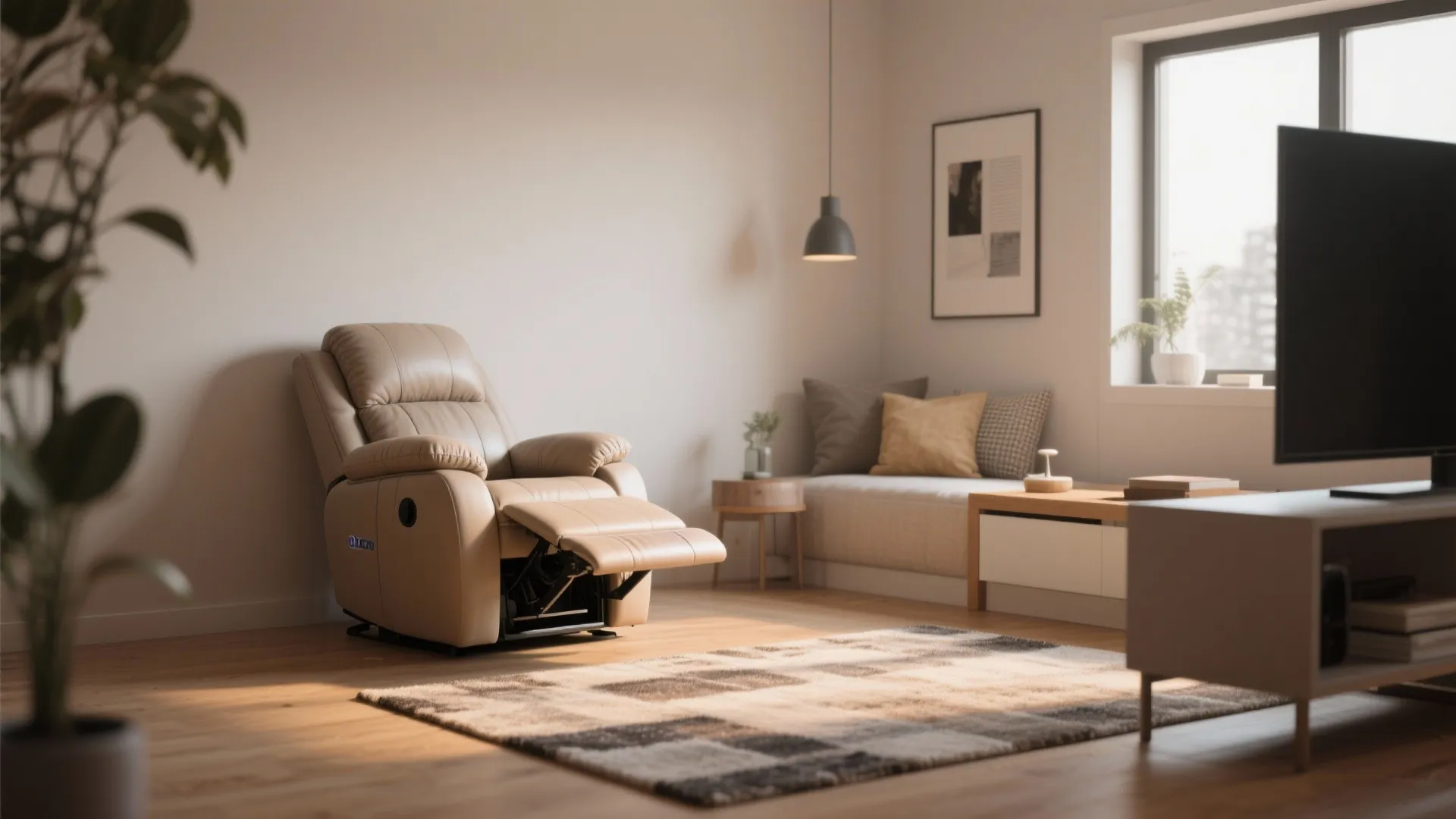 Small living room with a wall-hugger recliner close to the wall