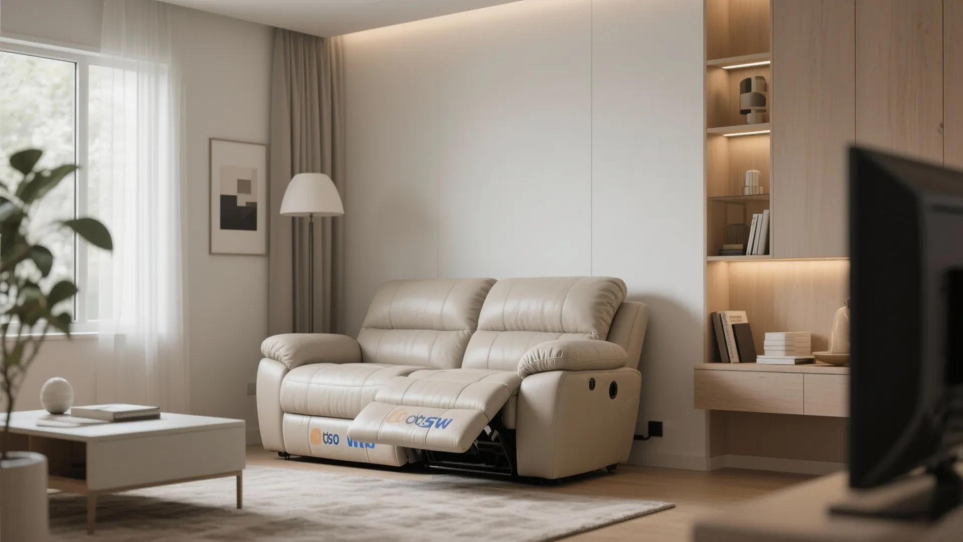 Wall-hugger recliner sofa fully extended in small living room