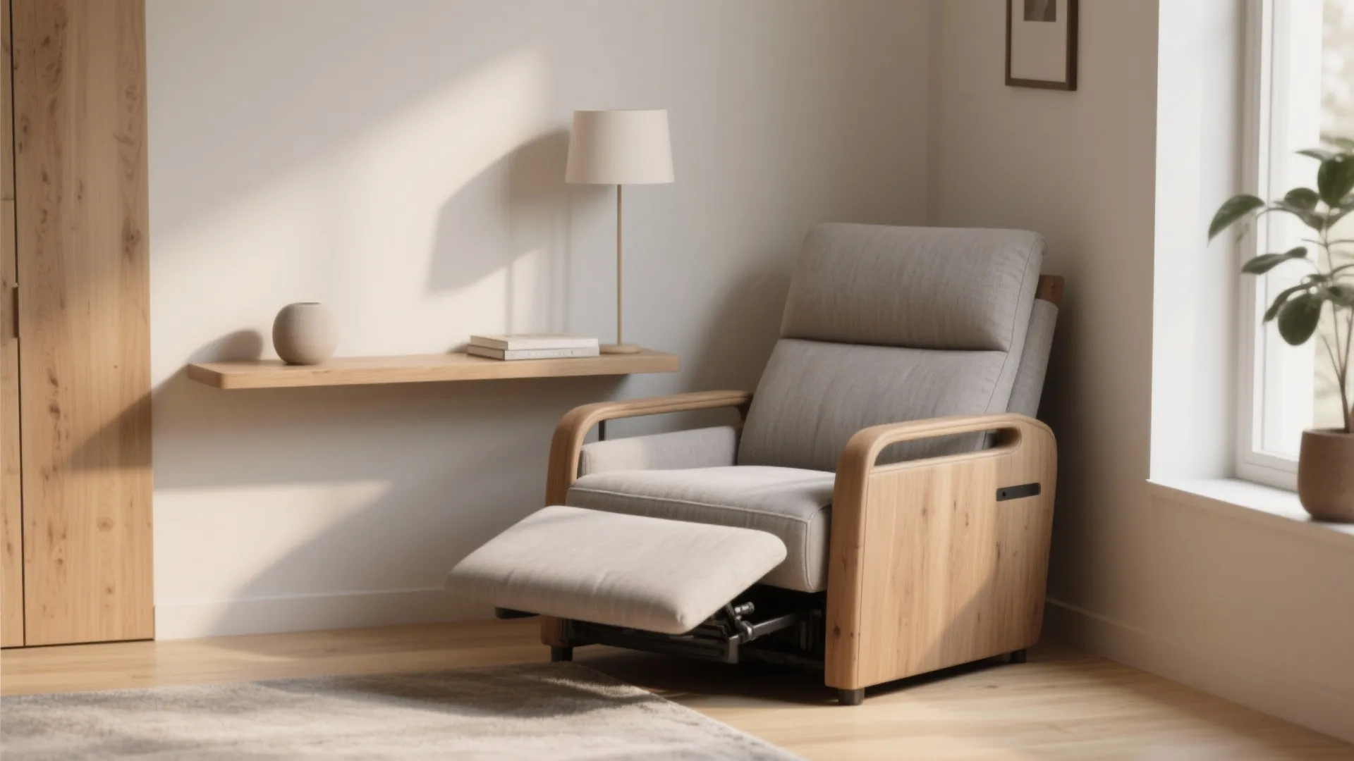 Modern grey recliner chair with wooden armrests in a cozy living room with a lamp