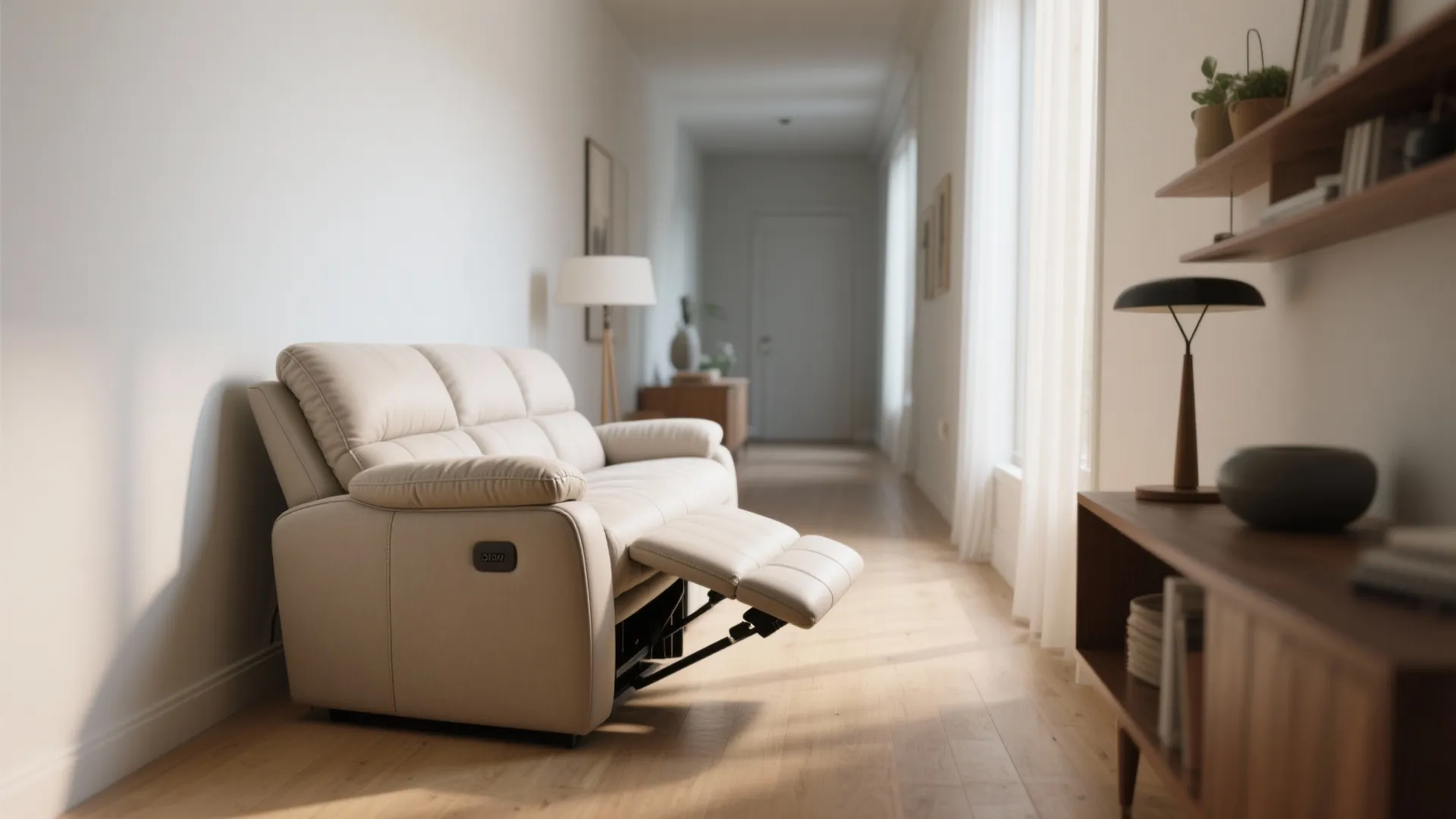 Cream leather recliner sofa with extended footrest in a bright living room with wooden flooring