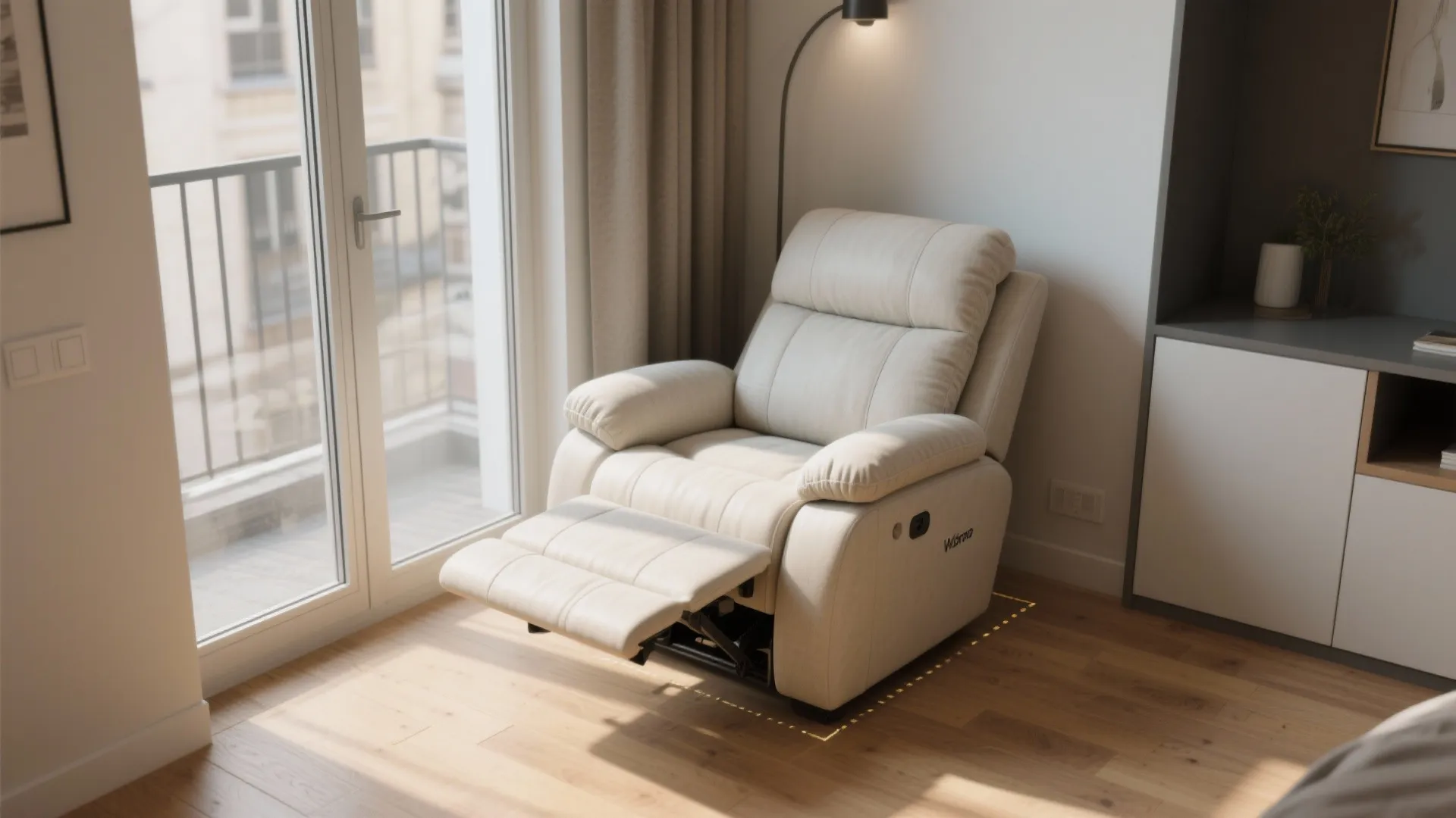 Modern cream reclining sofa with footrest extended in a bright living room near glass balcony doors