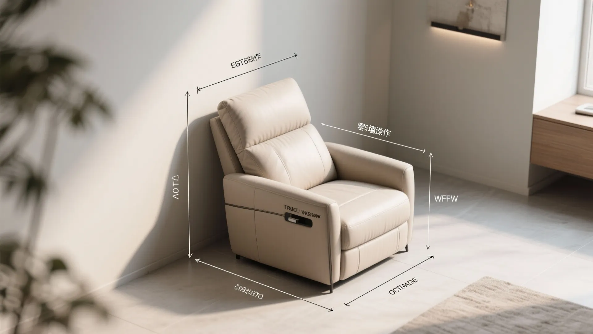 Beige leather sofa in a bright room with measurement lines showing height width and depth
