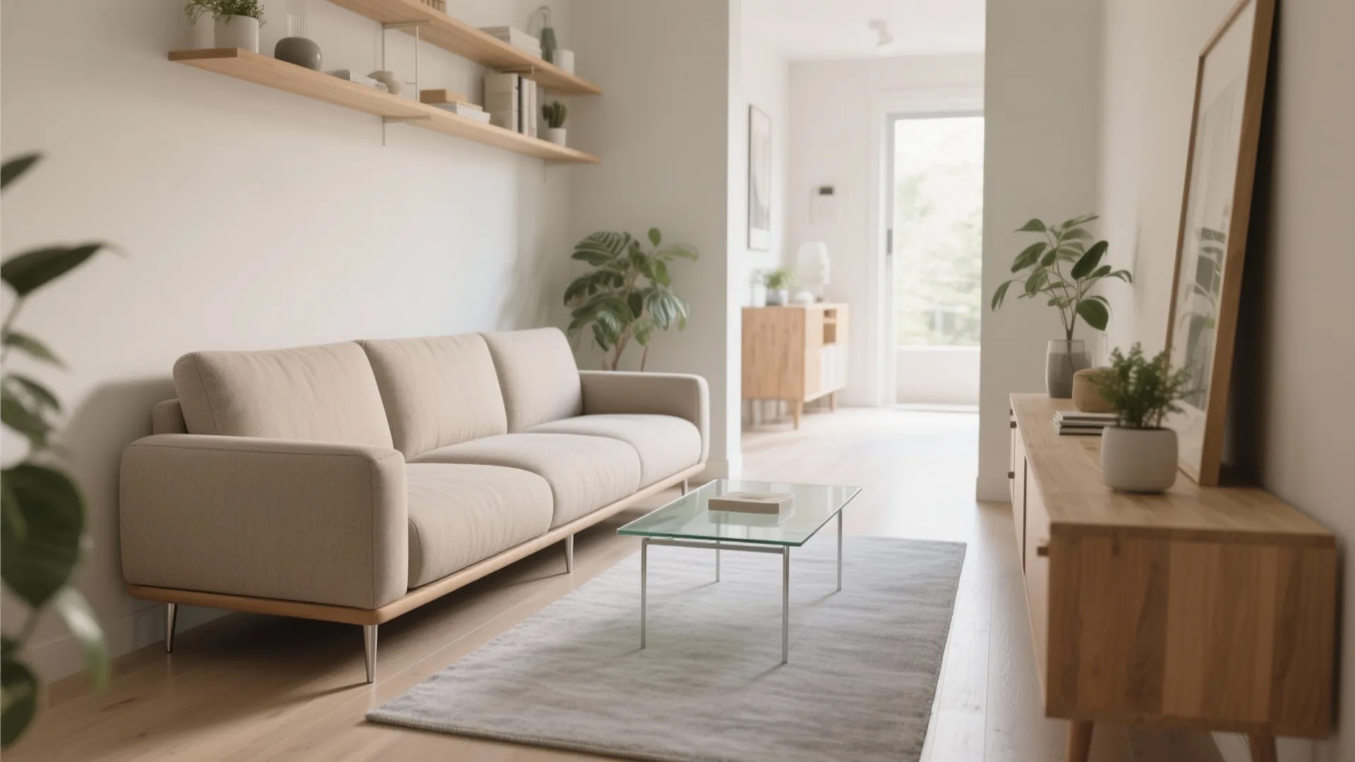 Modern bright living room with beige sofa glass coffee table wooden wall shelves and green plants