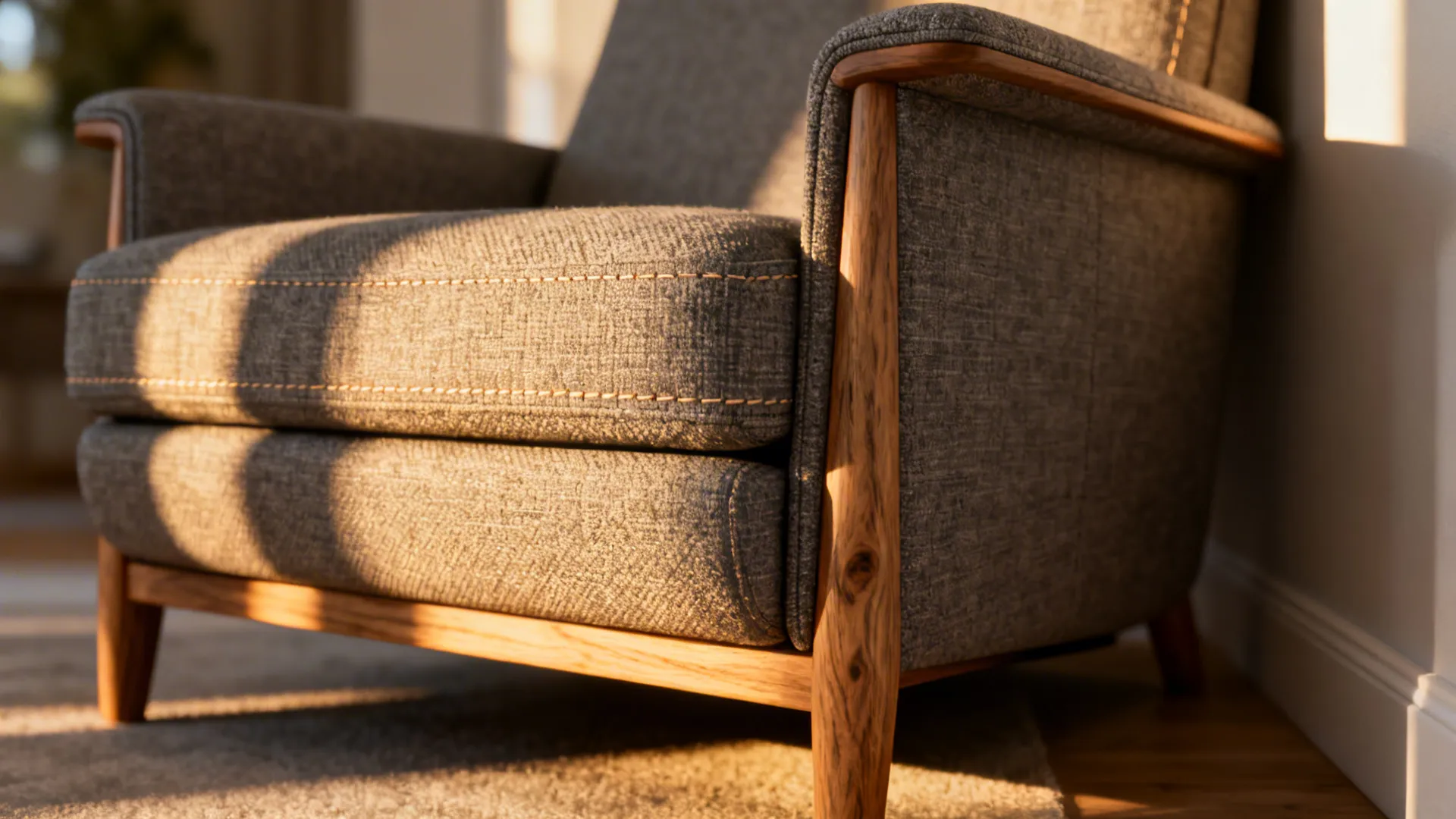 Close-up of a slim wall-hugging recliner showing narrow arm, textured fabric, and exposed legs