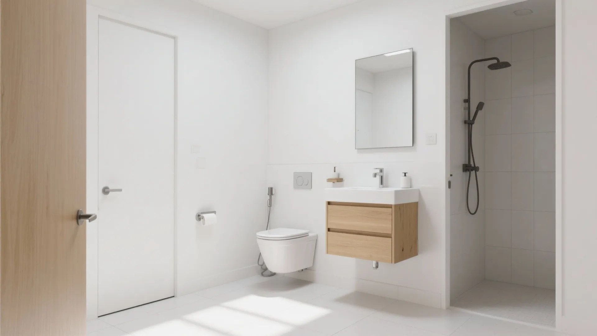 Minimalist white bathroom design with wall mounted toilet small wooden cabinet mirror and open shower