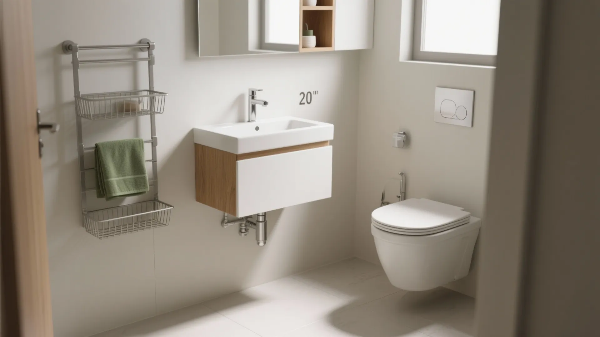 Small bathroom with wall-hung vanity, wall-hung toilet, and modular rail baskets, showcasing open floor and airy feel.