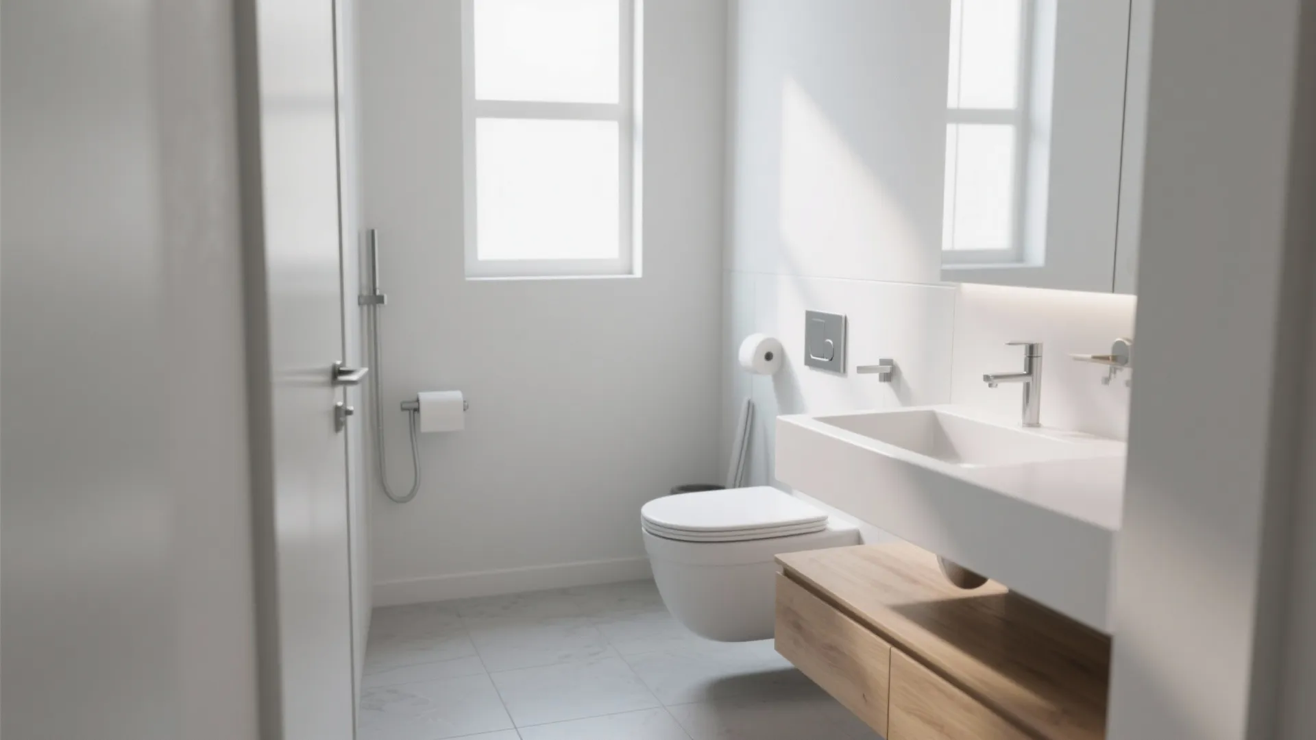 Minimalist white bathroom with hanging toilet wooden sink cabinet large mirror and bright natural light