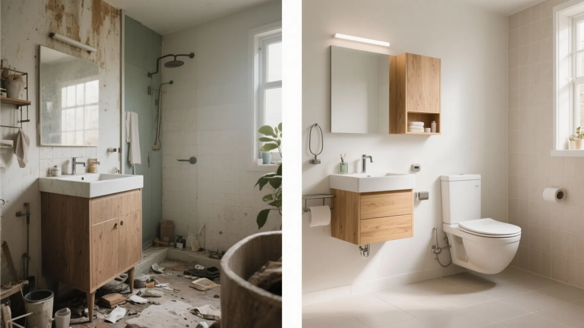 Before-and-after of a small bathroom switching from bulky floor vanity to wall-hung modules with clear, airy floor.