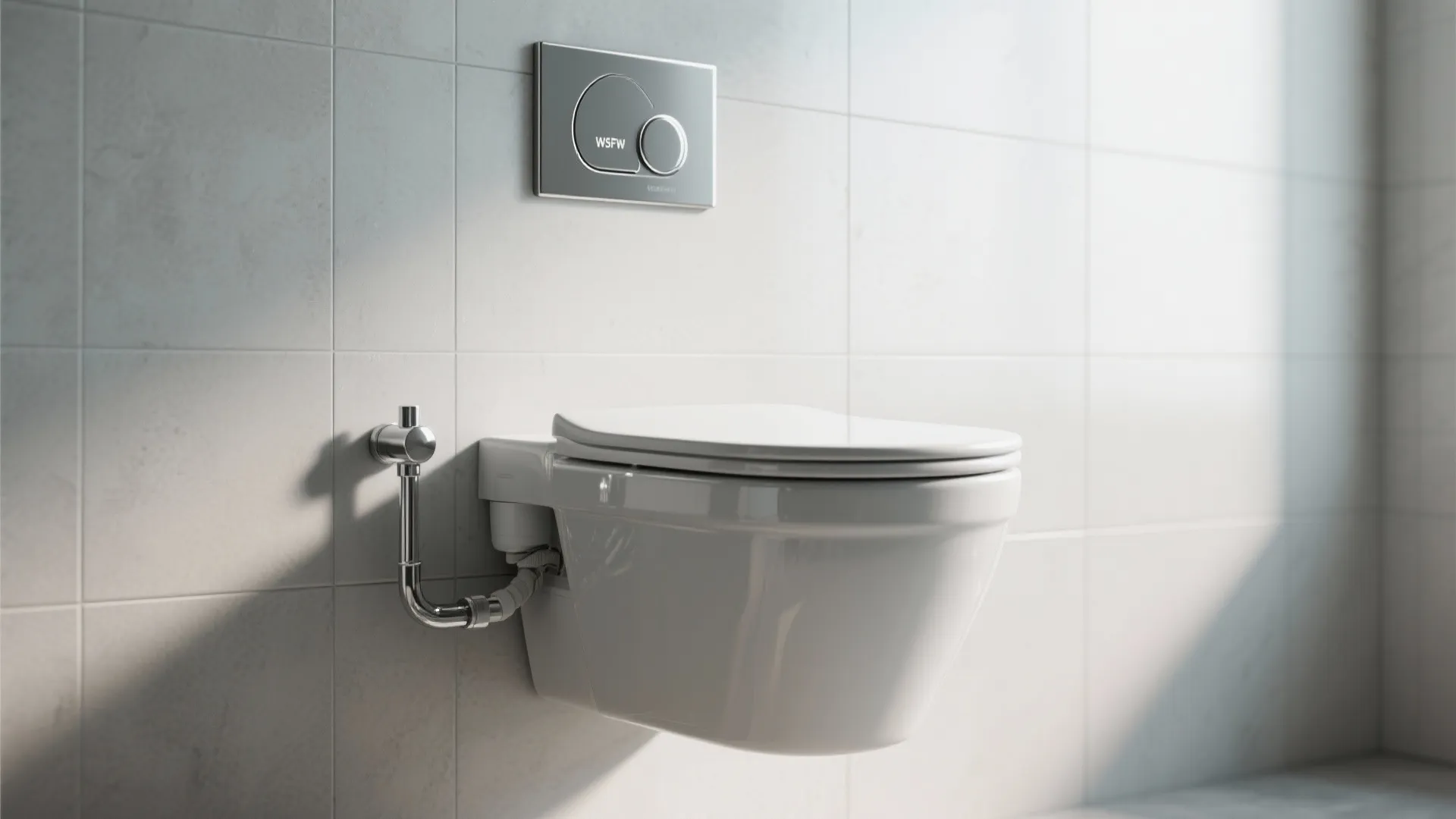 Modern white wall hung toilet with silver flush button mounted on clean white tiled bathroom