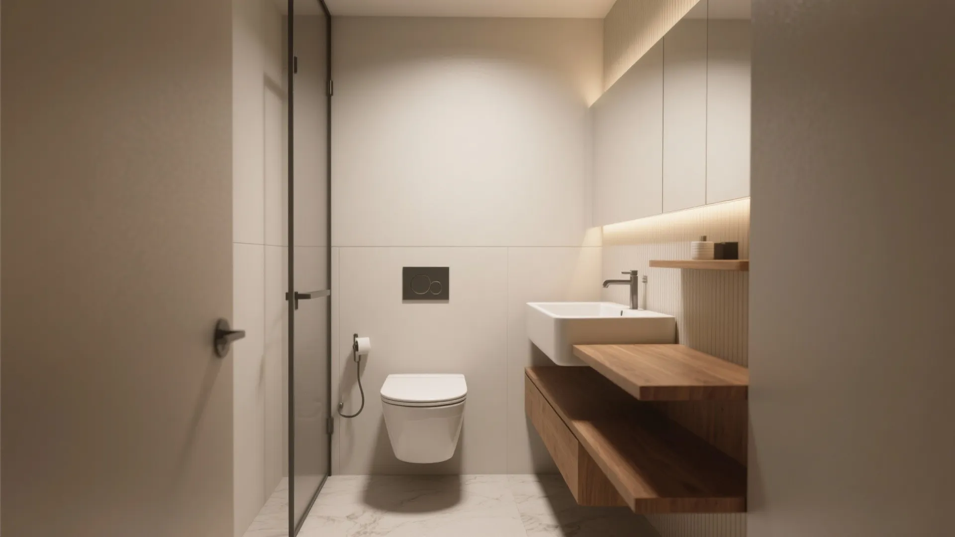 2. Go wall-hung (or at least slim) fixtures