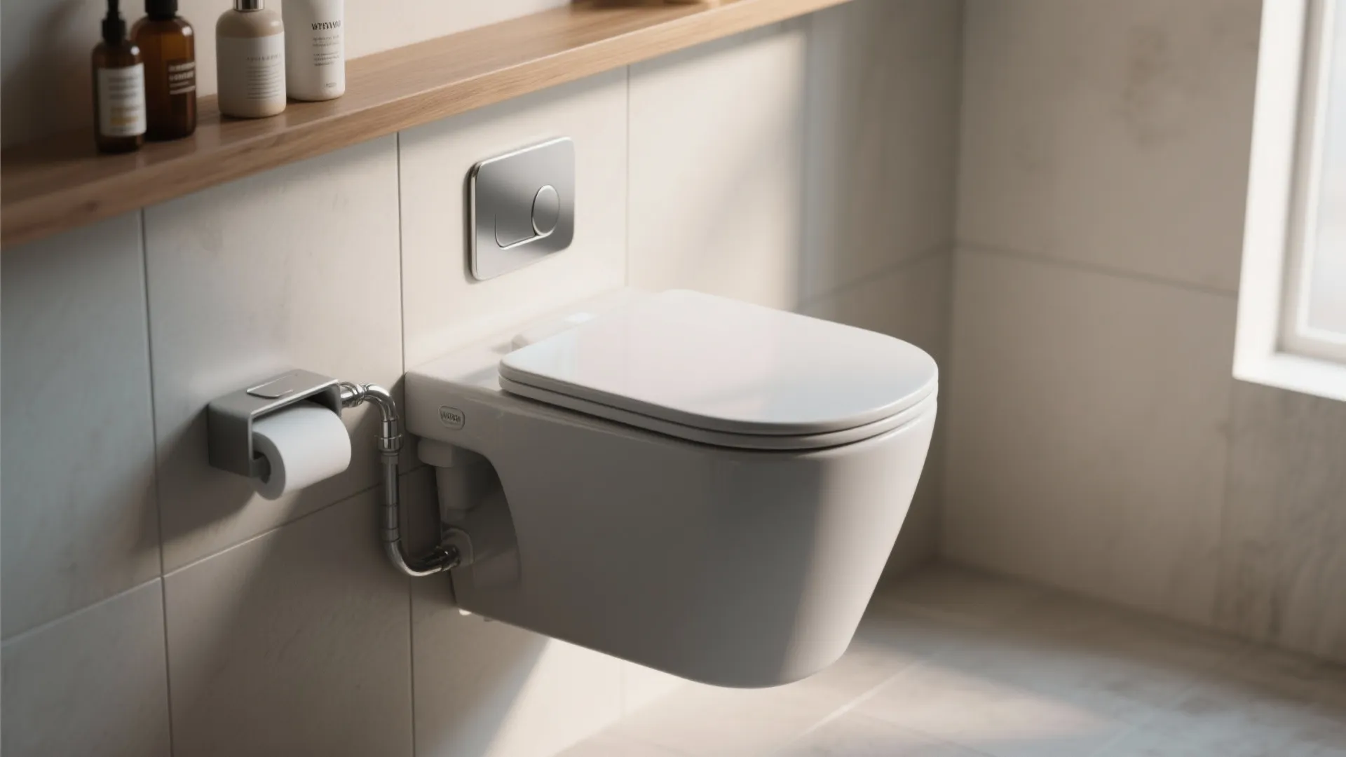 Close-up of a wall-hung toilet with concealed cistern, matte ceramic finish and chrome flush plate.