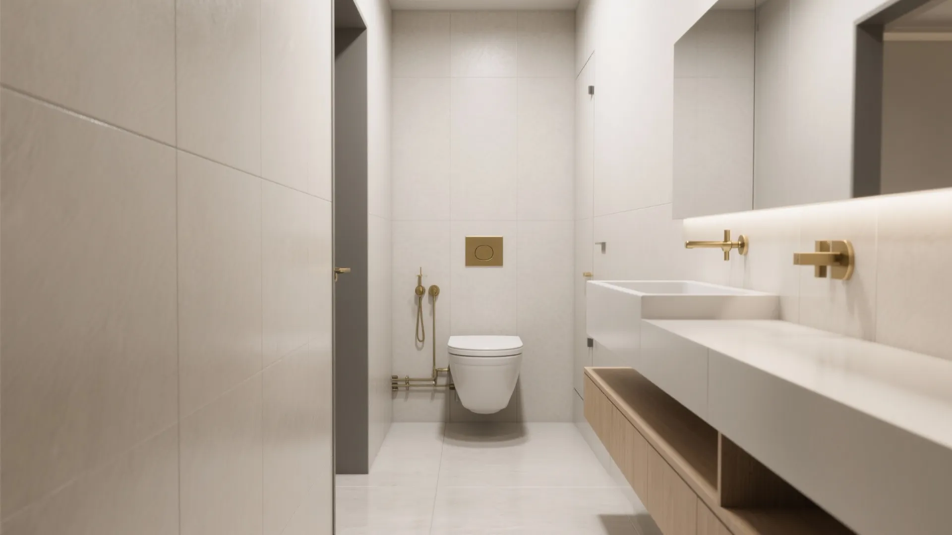 Modern bathroom with wall hung toilet gold light fixtures white sink and wooden storage cabinet