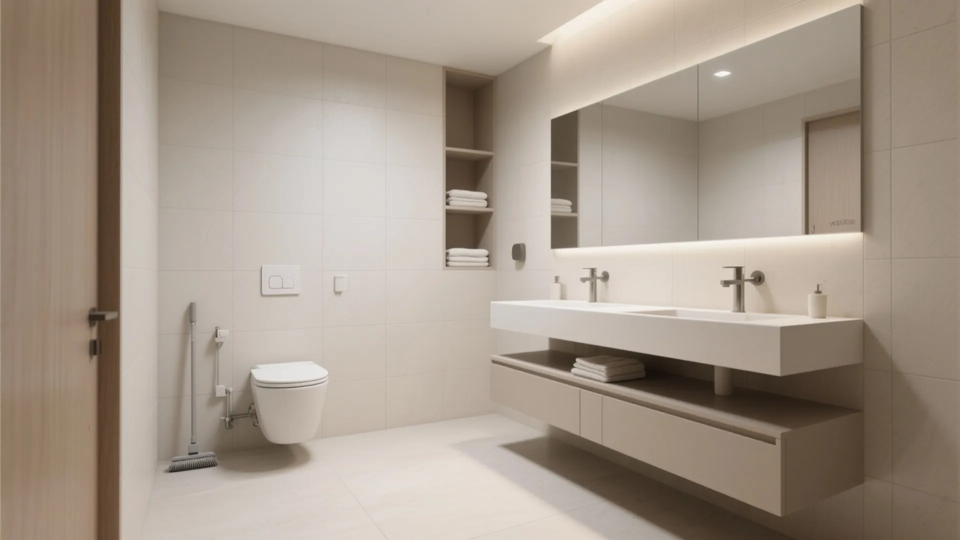 Square bath with wall-hung toilet and floating vanity, showing expanded floor area and recessed niche.