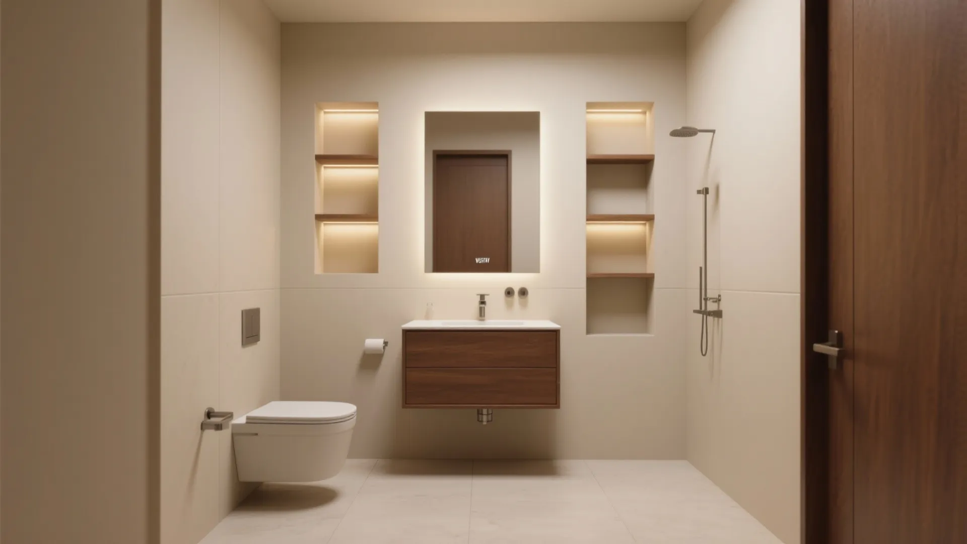 Compact bathroom with a wall-hung brown vanity, recessed niches and layered warm lighting creating an airy feel.