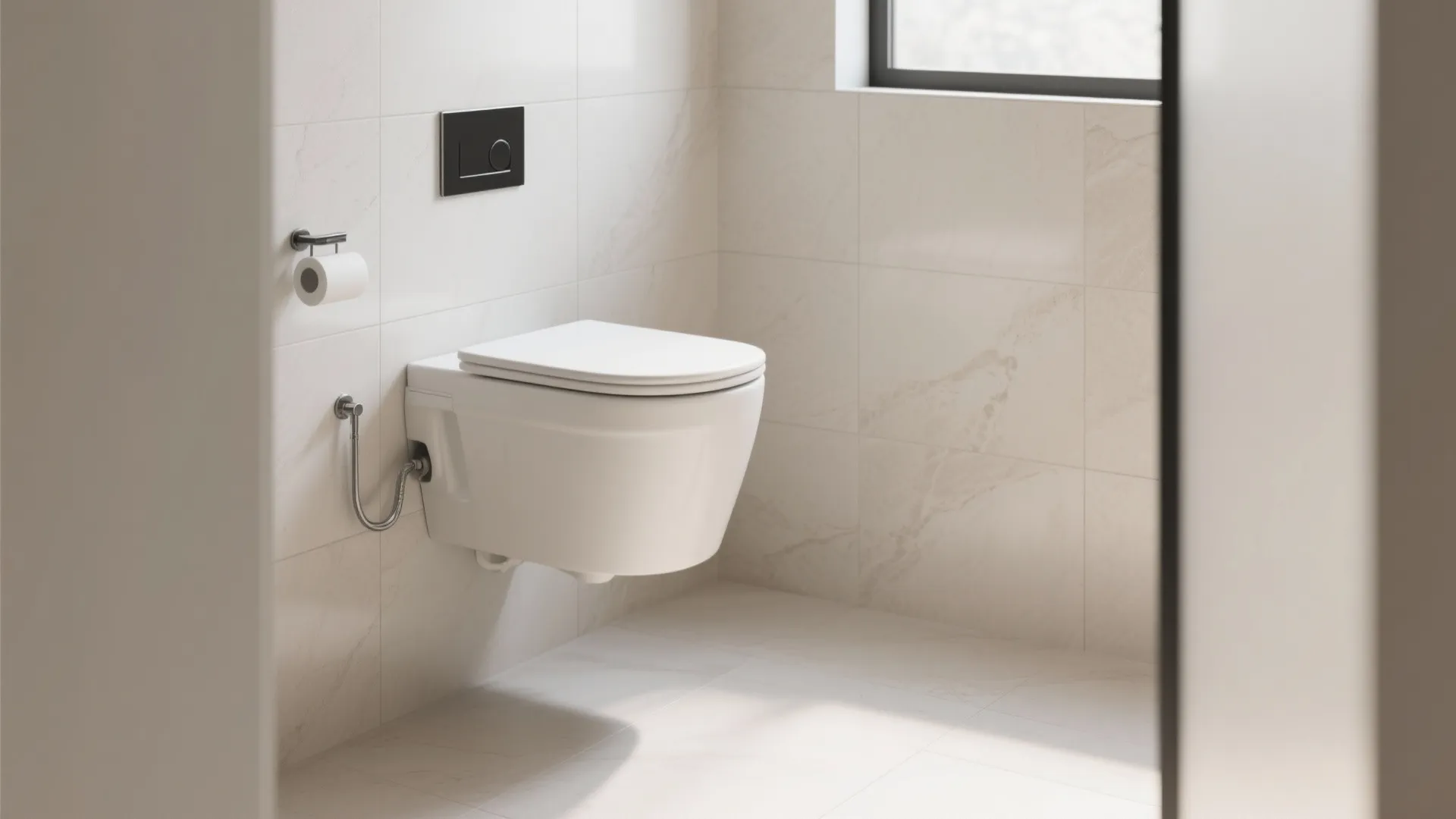 Minimalist small bathroom with wall-hung toilet, concealed cistern, flush plate, and large-format pale stone tile.