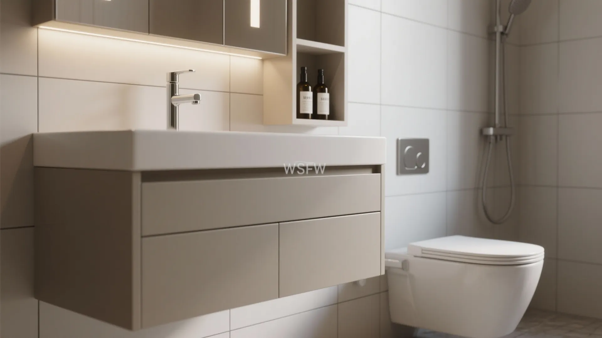 Macro view of wall-hung vanity and recessed shower niche with bottles and brushed chrome fixtures.