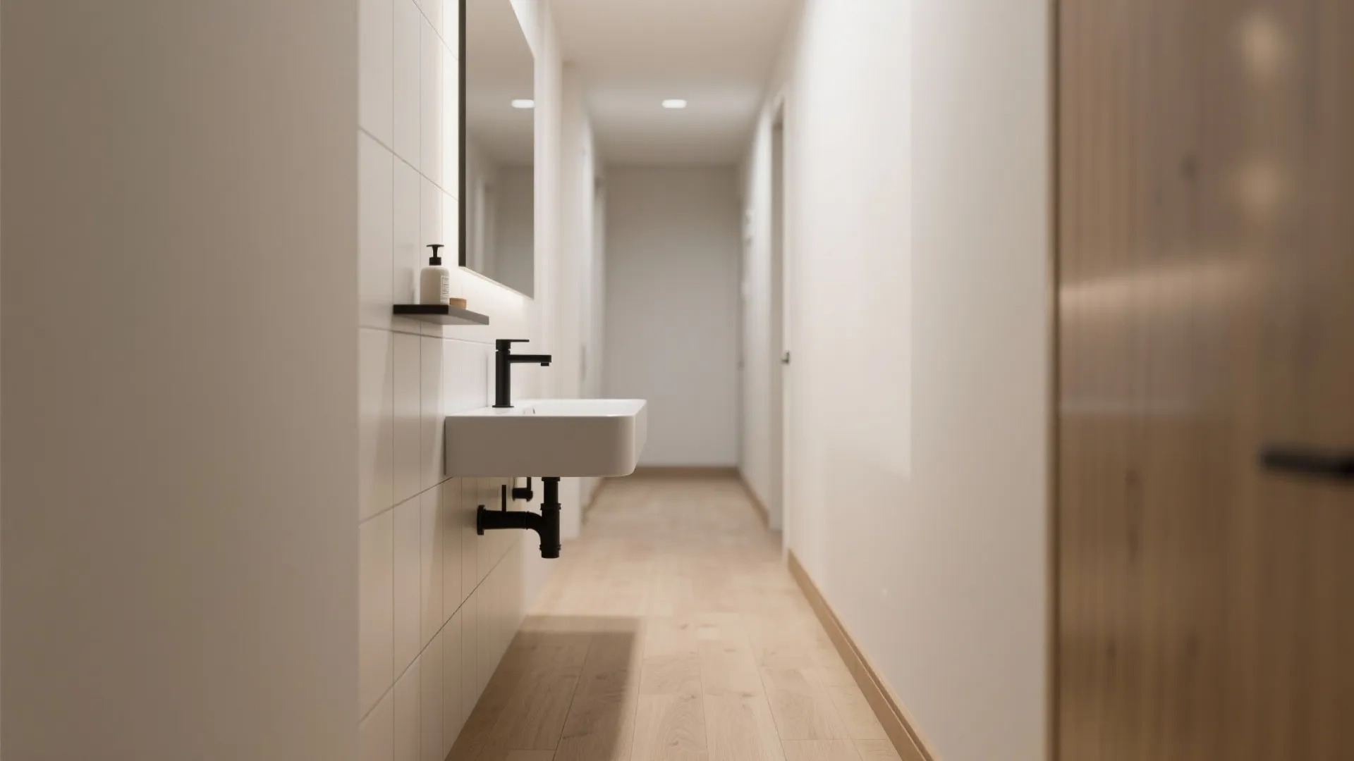 Wall mounted white sink with black faucet in a bright minimalist hallway with wood floor